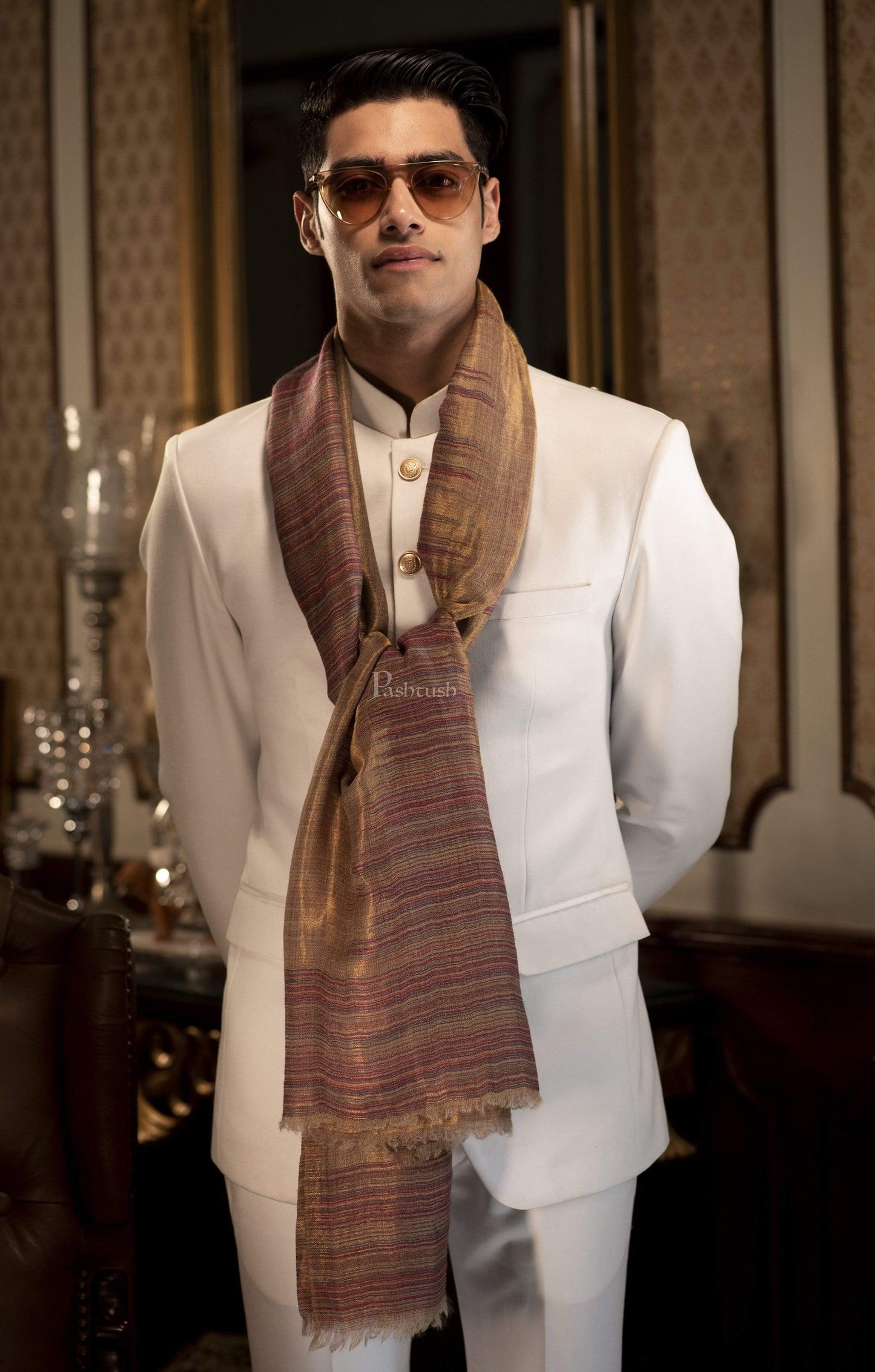 Pashtush India 70x200 Pashutsh Mens Scarf, With Shimmery Zari Thread Weave