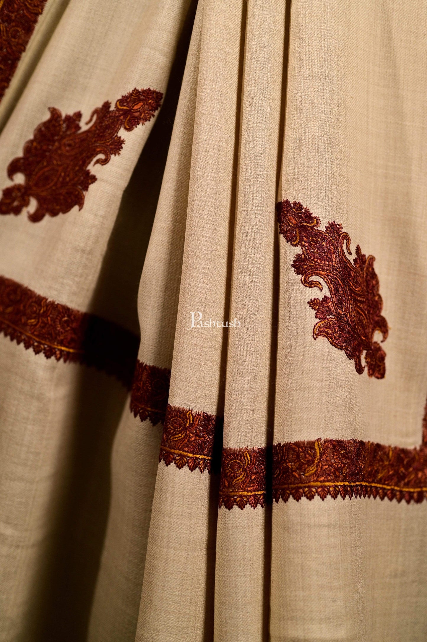 Pashtush India 127x254 Pashutsh Mens Shawl, Kashmiri Embroidery Haashia Dushala, Beige