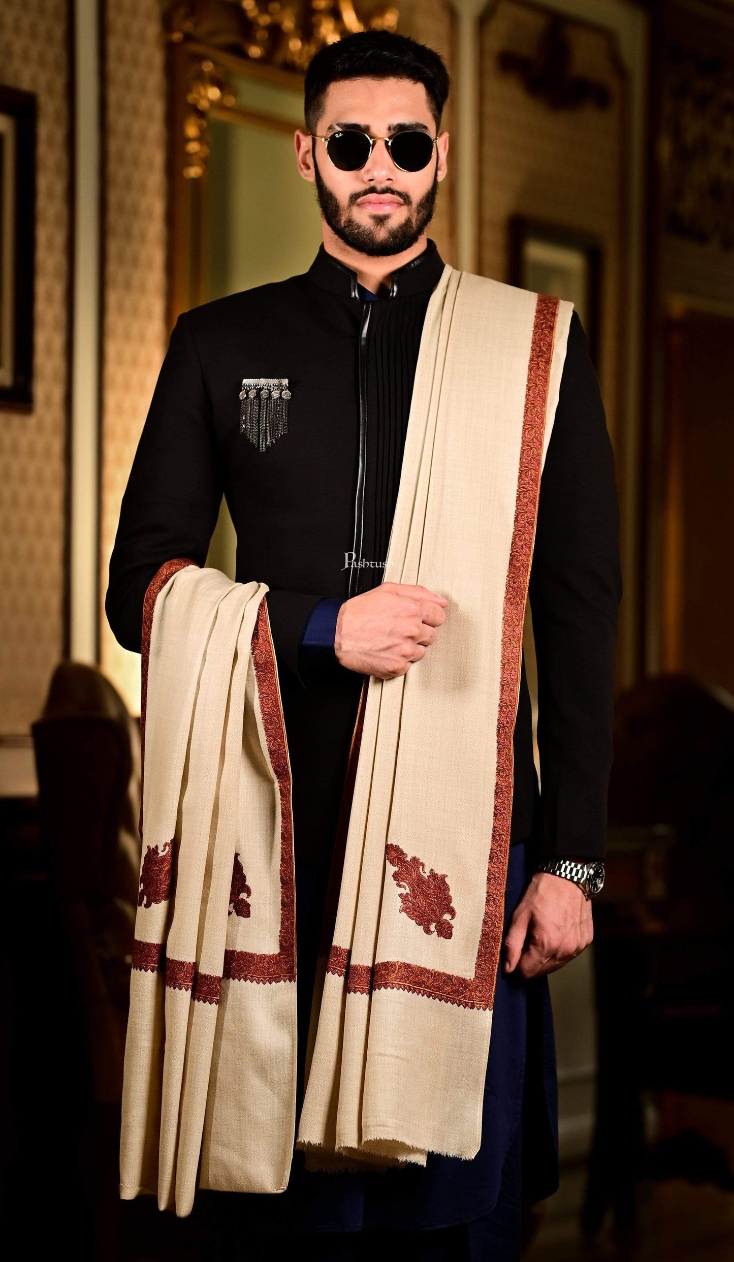 Pashtush India 127x254 Pashutsh Mens Shawl, Kashmiri Embroidery Haashia Dushala, Beige