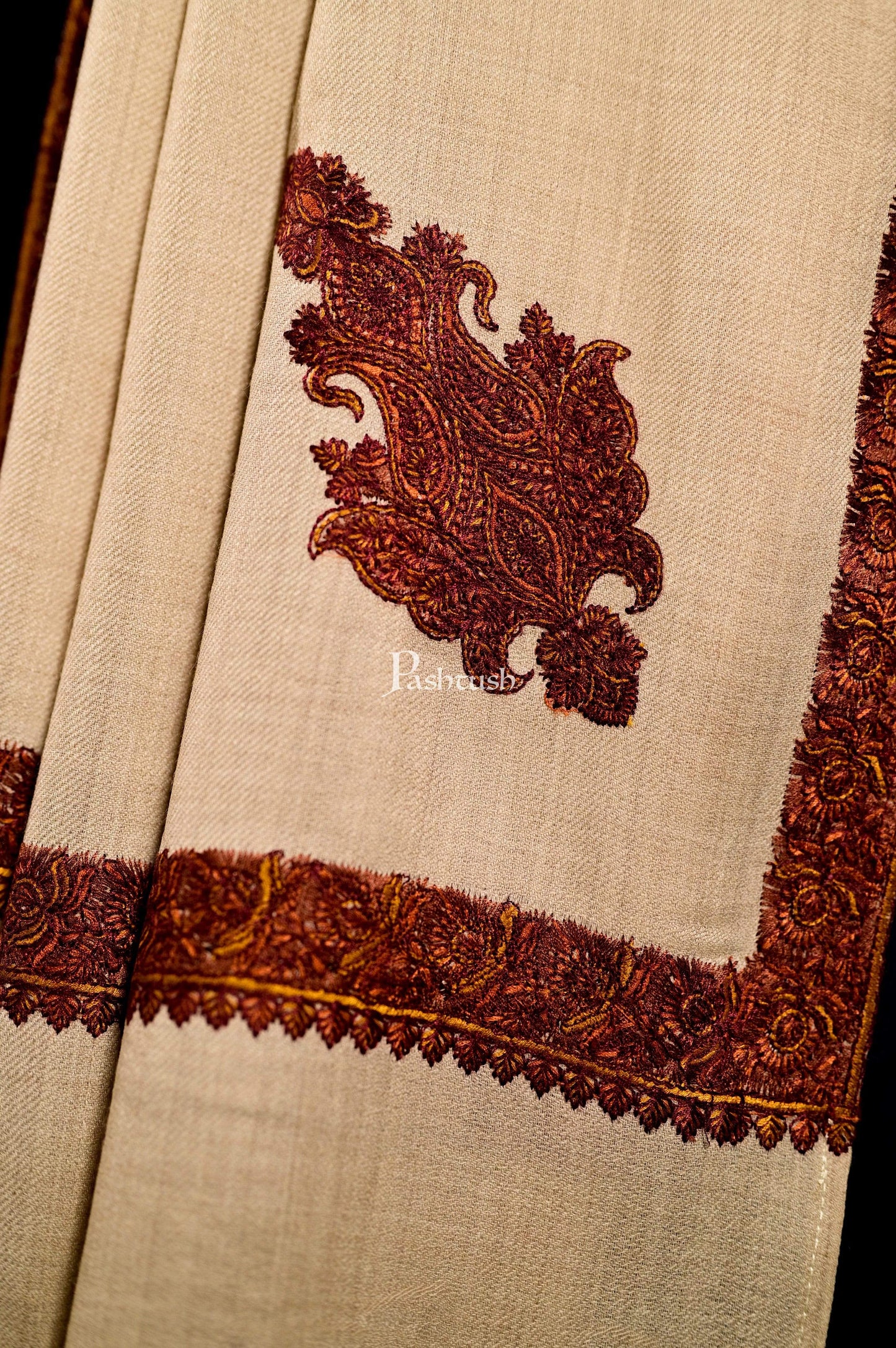 Pashtush India 127x254 Pashutsh Mens Shawl, Kashmiri Embroidery Haashia Dushala, Beige