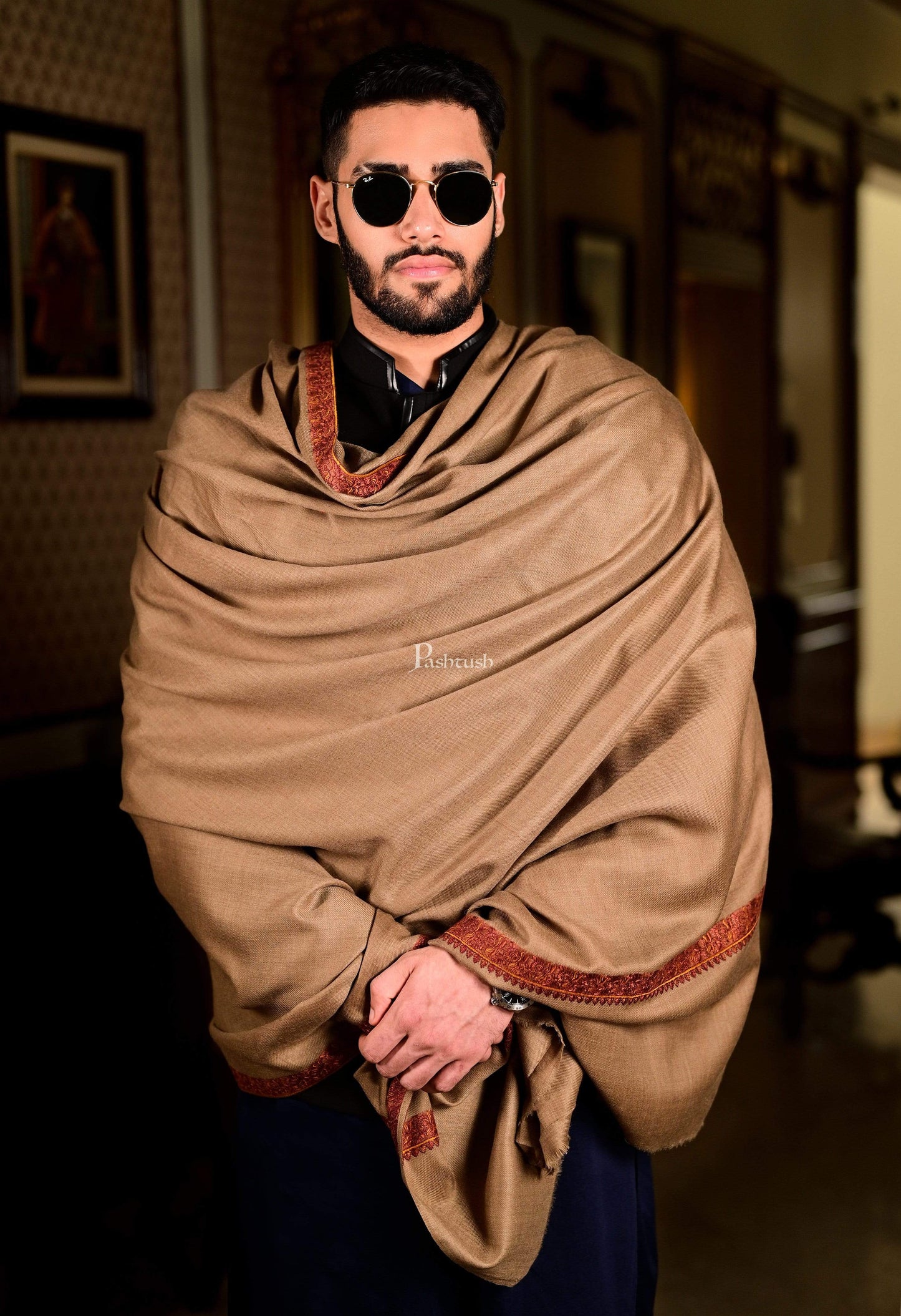Pashtush India 127x254 Pashutsh Mens Shawl, Kashmiri Embroidery Haashia Dushala, Taupe