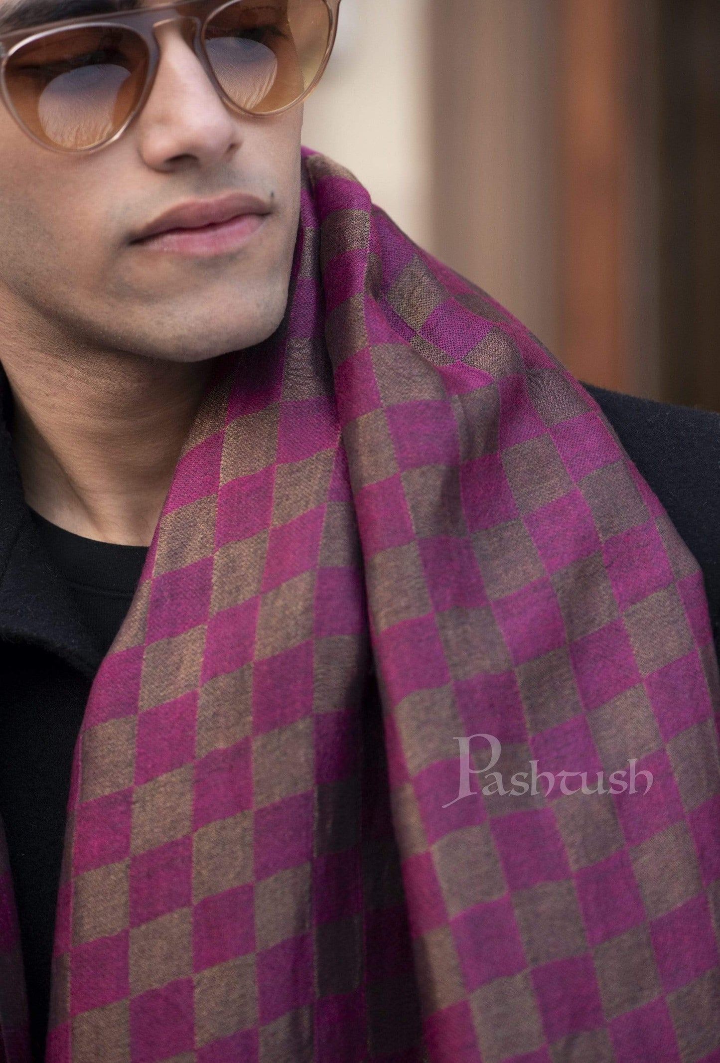 Pashtush India 70x200 Pashutsh Mens Twilight Collection, Checkered Metallic Thread Weave, Fine Wool
