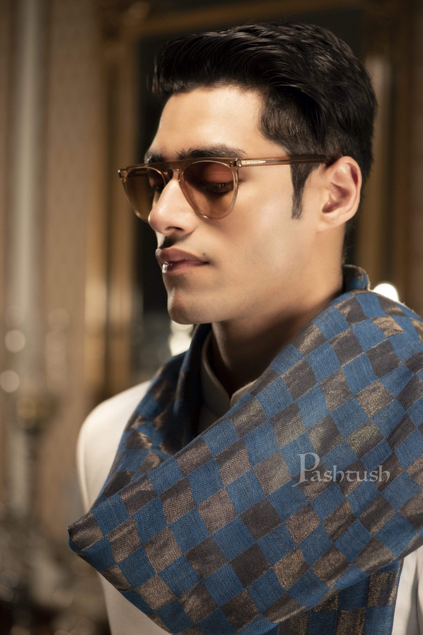 Pashtush India 70x200 Pashutsh Mens Twilight Collection, Checkered Metallic Thread Weave, Fine Wool