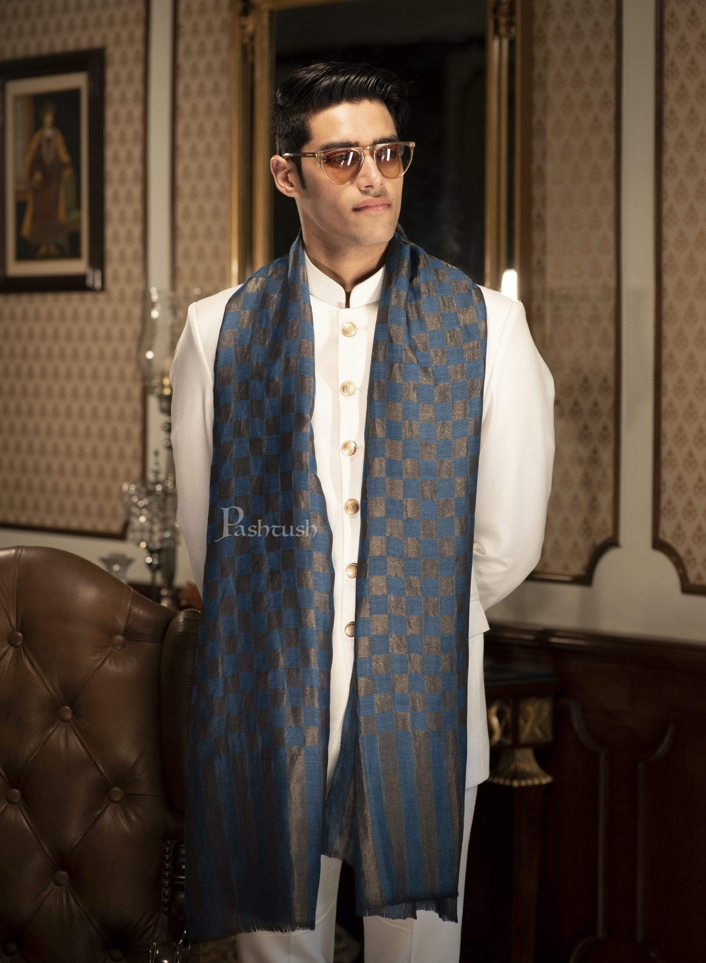 Pashtush India 70x200 Pashutsh Mens Twilight Collection, Checkered Metallic Thread Weave, Fine Wool