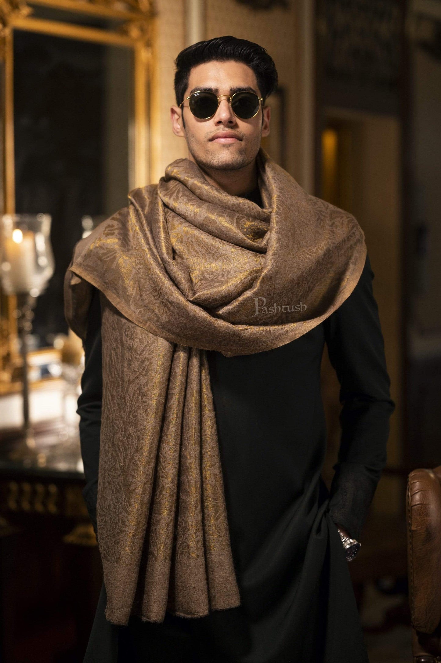 Pashtush India 70x200 Pashutsh Mens Twilight Collection, Jacquard Stole, With Metallic Thread Weave, Fine Wool
