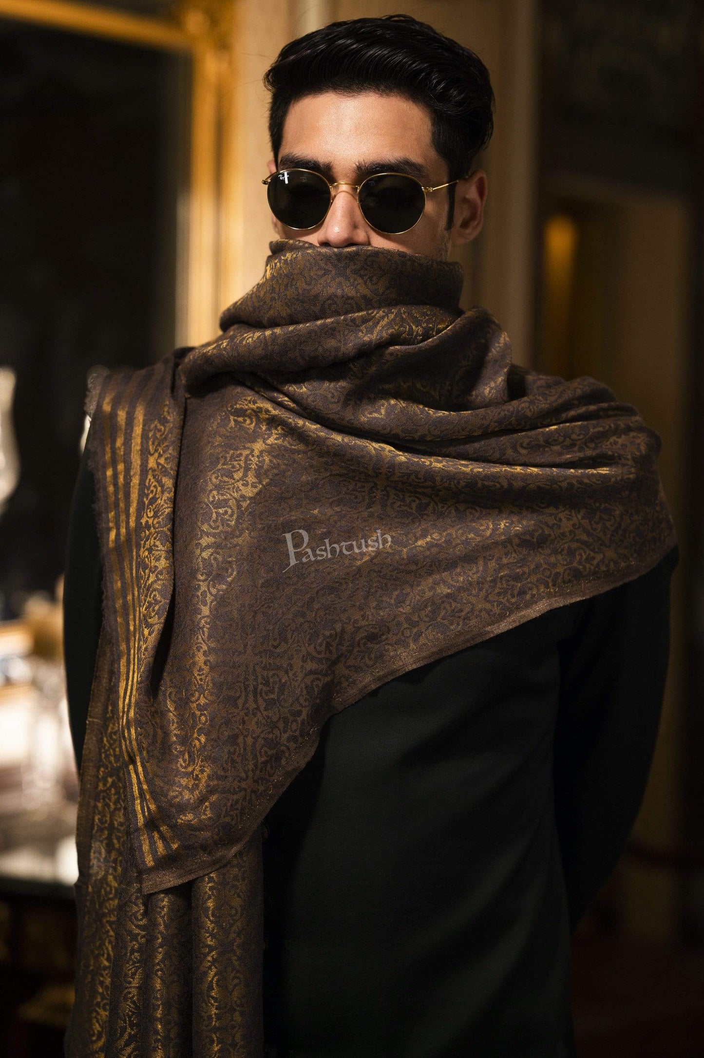 Pashtush India 70x200 Pashutsh Mens Twilight Collection, Jacquard Stole, With Metallic Thread Weave, Fine Wool