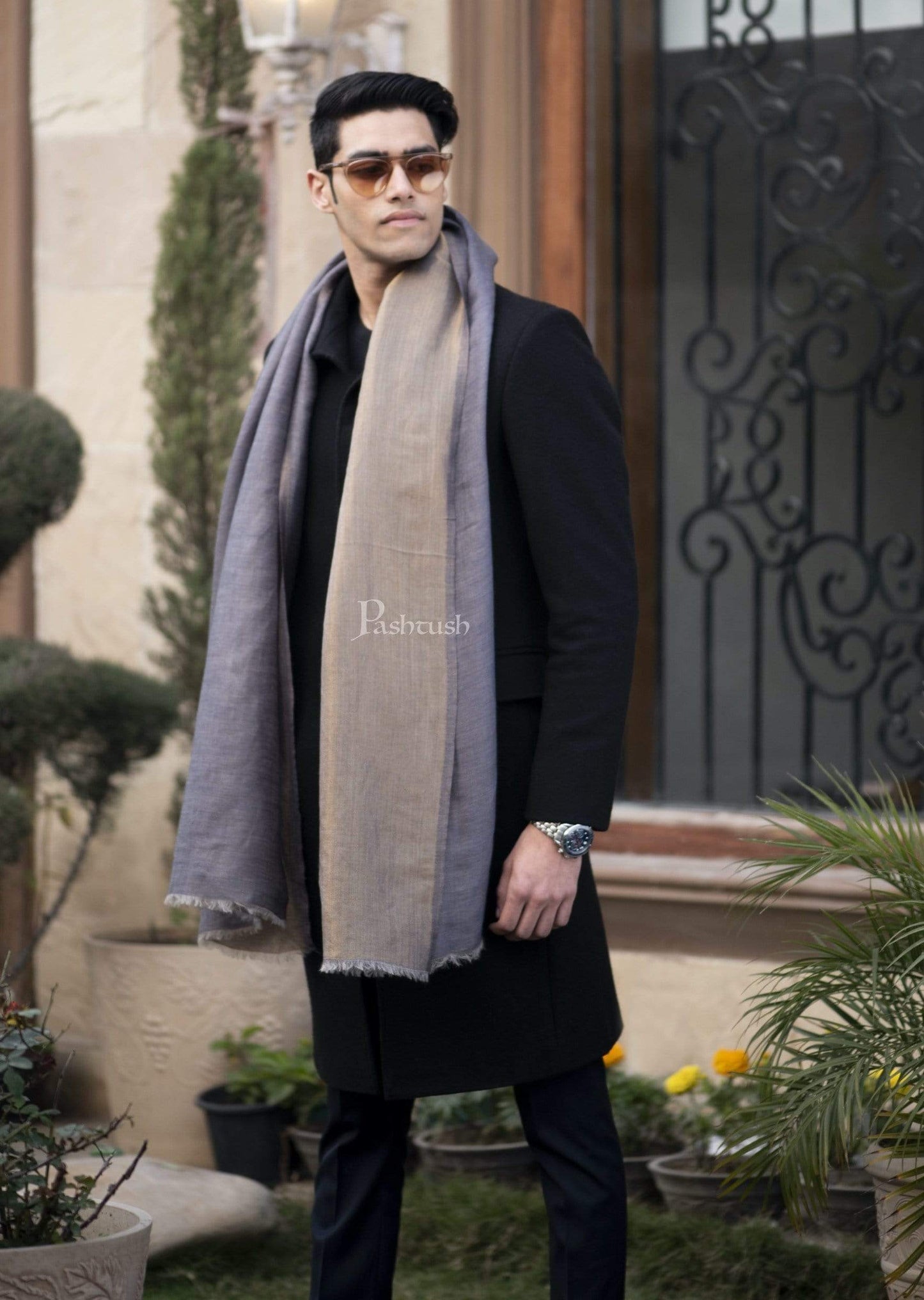 Pashtush India 70x200 Pashutsh Mens Twilight Collection, Reversible With Metallic Thread Weave, Fine Wool