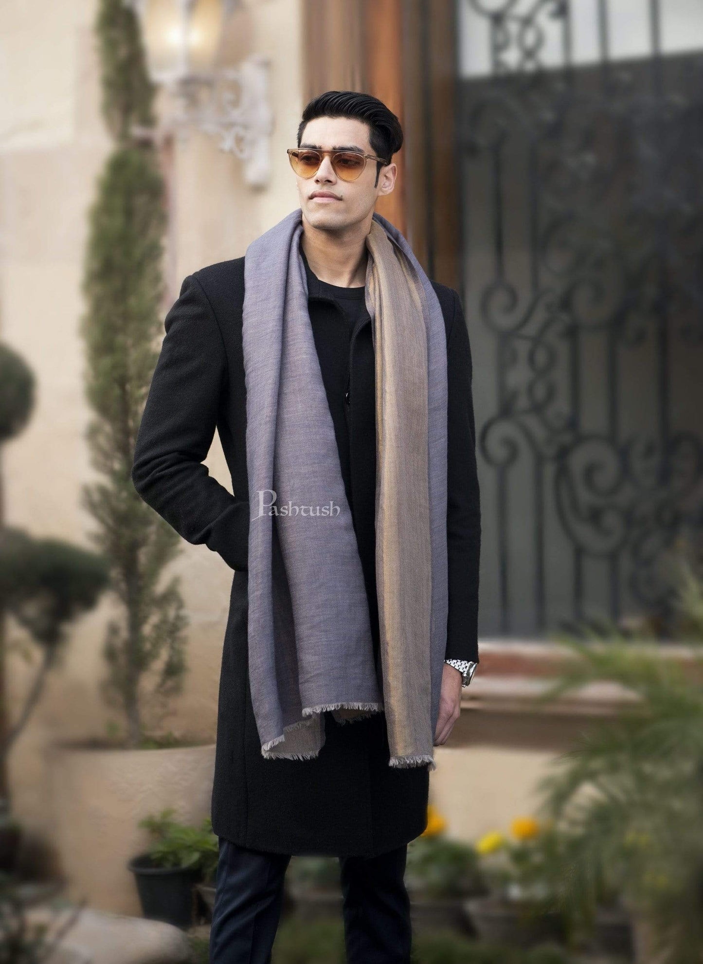 Pashtush India 70x200 Pashutsh Mens Twilight Collection, Reversible With Metallic Thread Weave, Fine Wool