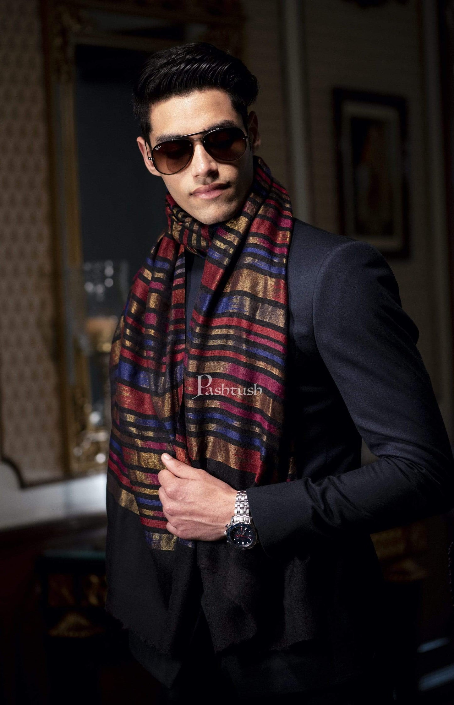Pashtush India 70x200 Pashutsh Mens Twilight Collection, Reversible With Metallic Thread Weave, Fine Wool