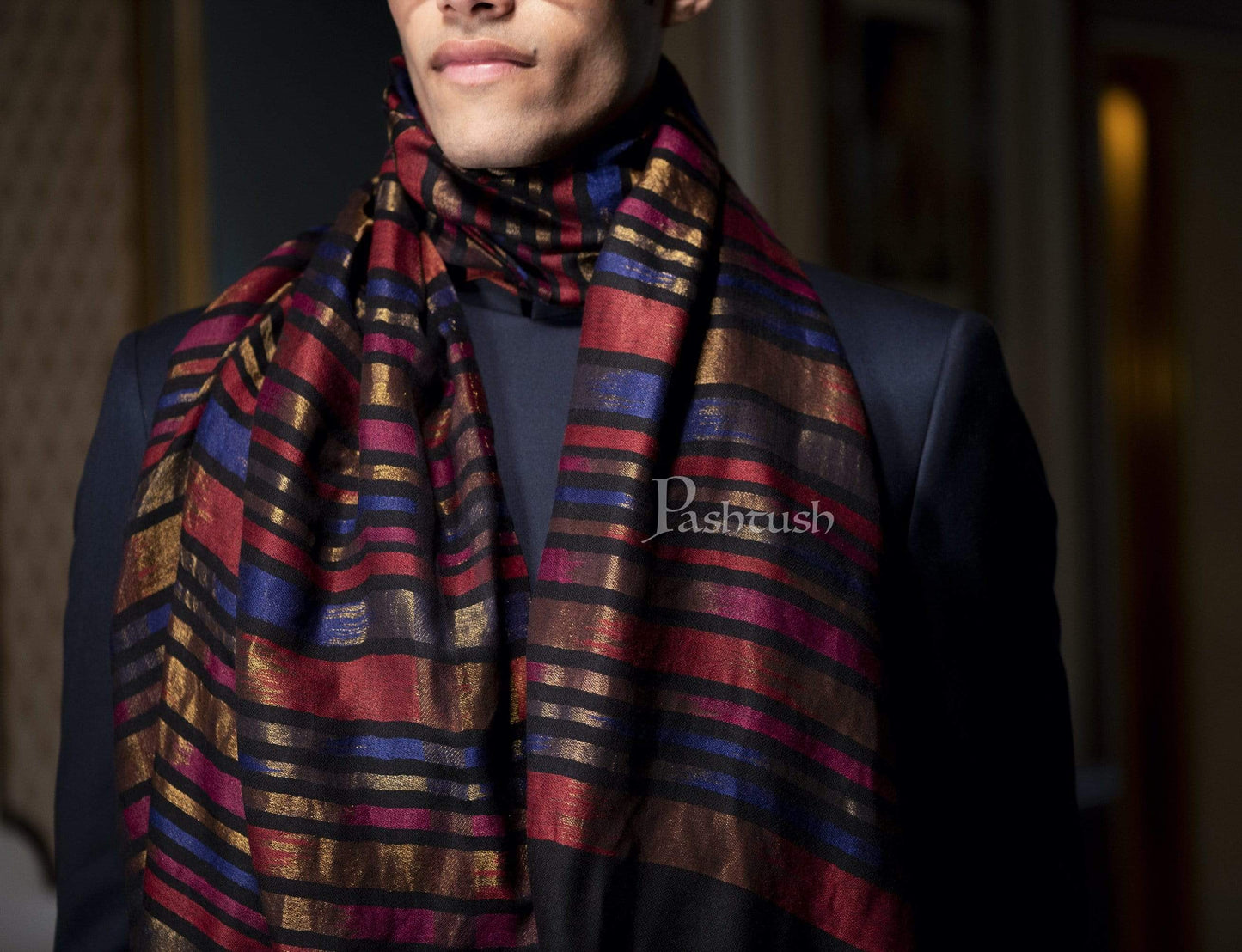 Pashtush India 70x200 Pashutsh Mens Twilight Collection, Reversible With Metallic Thread Weave, Fine Wool