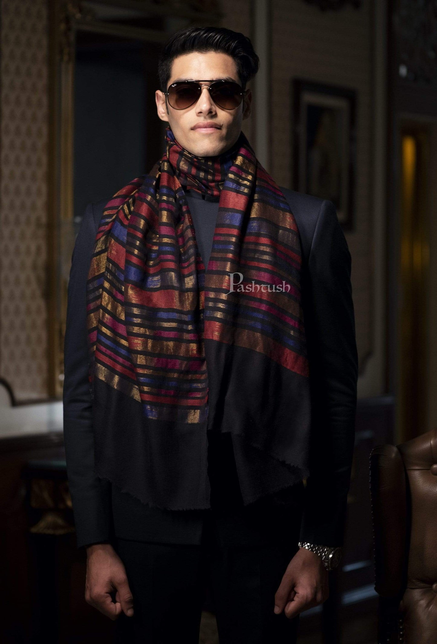 Pashtush India 70x200 Pashutsh Mens Twilight Collection, Reversible With Metallic Thread Weave, Fine Wool