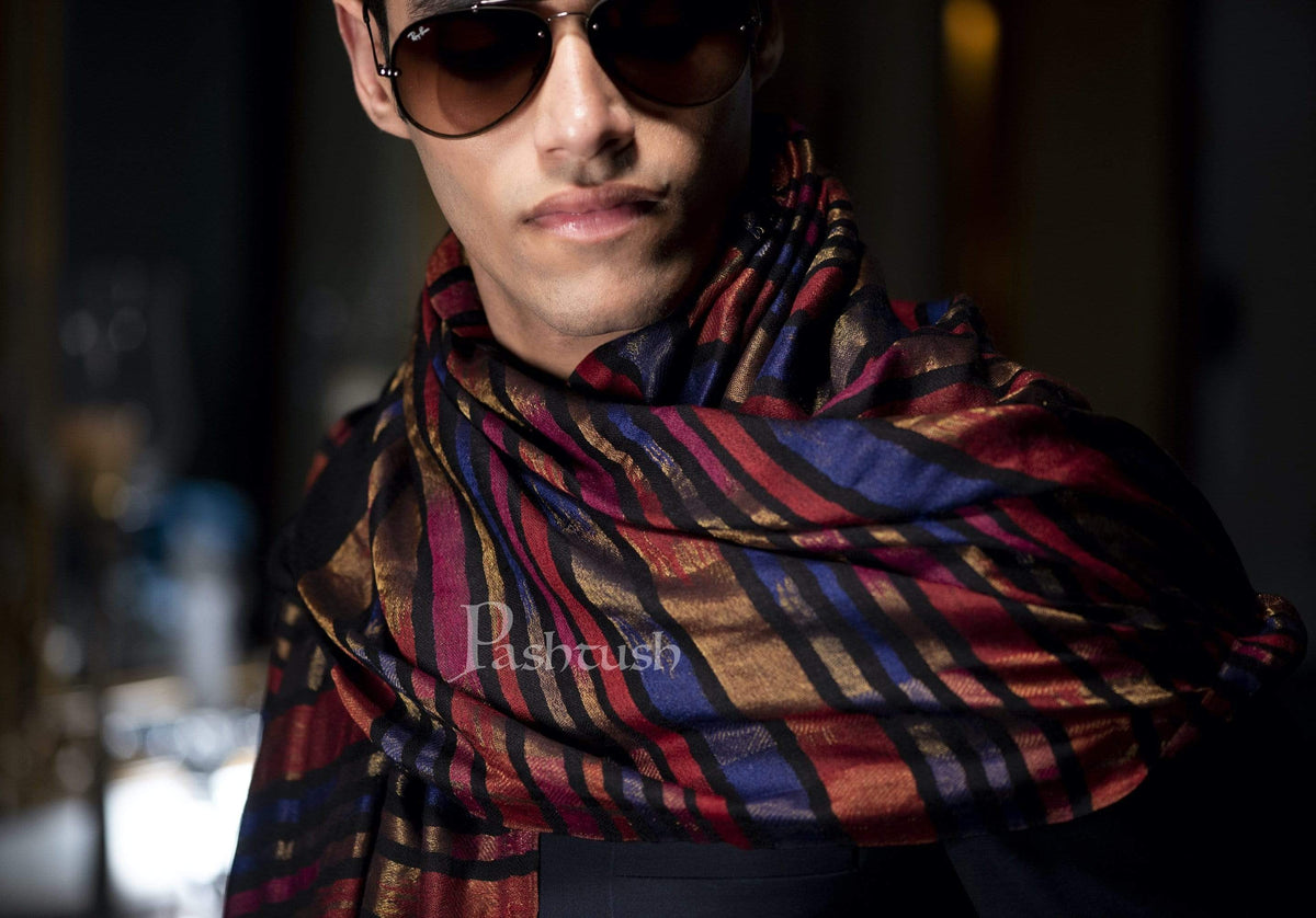 Pashtush India 70x200 Pashutsh Mens Twilight Collection, Reversible With Metallic Thread Weave, Fine Wool