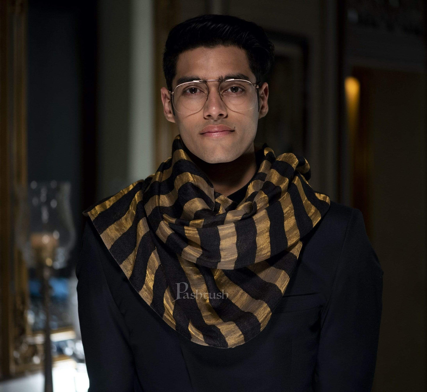 Pashtush India 70x200 Pashutsh Mens Twilight Striped Scarf, With Metallic Thread Weave