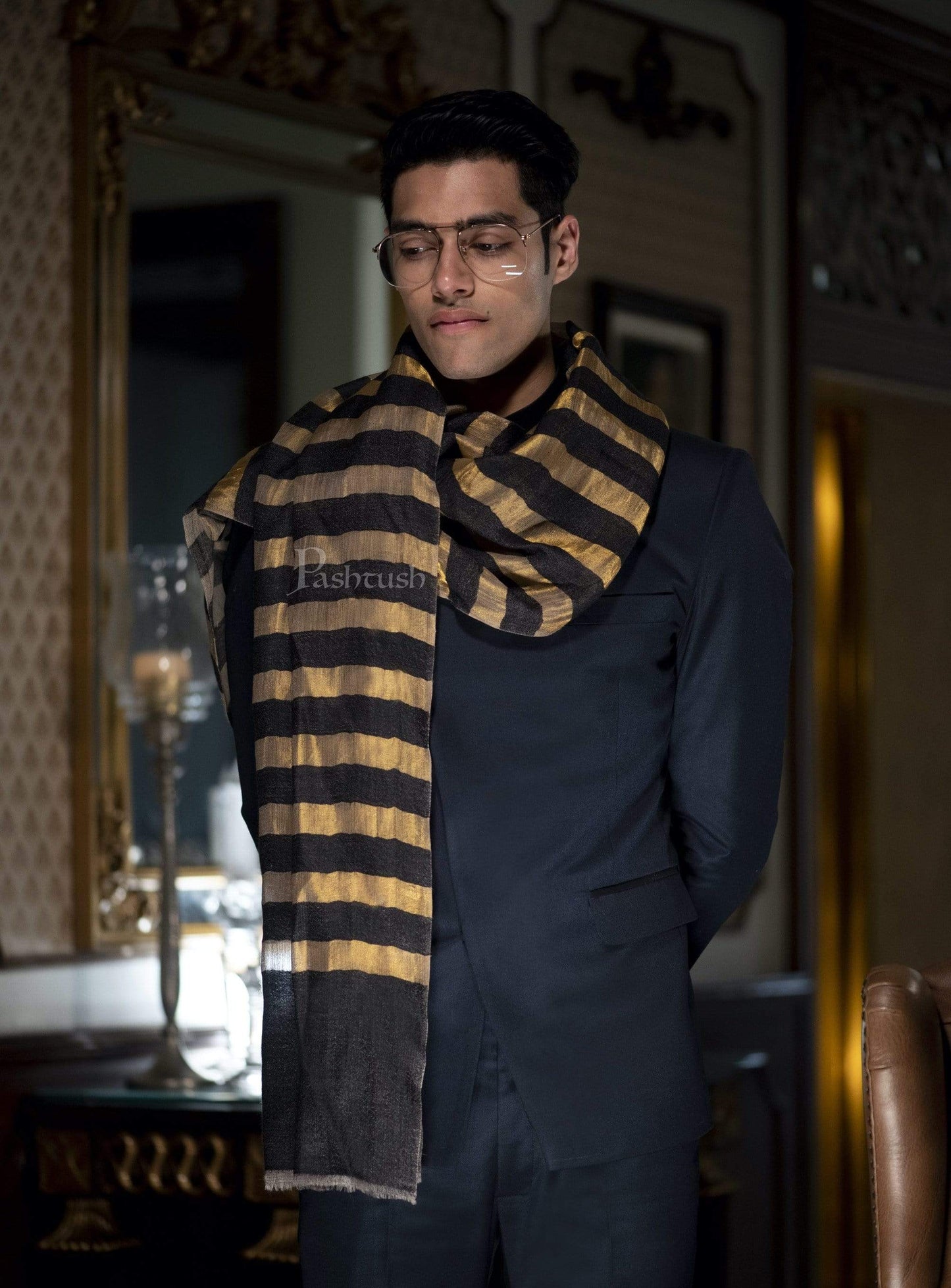 Pashtush India 70x200 Pashutsh Mens Twilight Striped Scarf, With Metallic Thread Weave