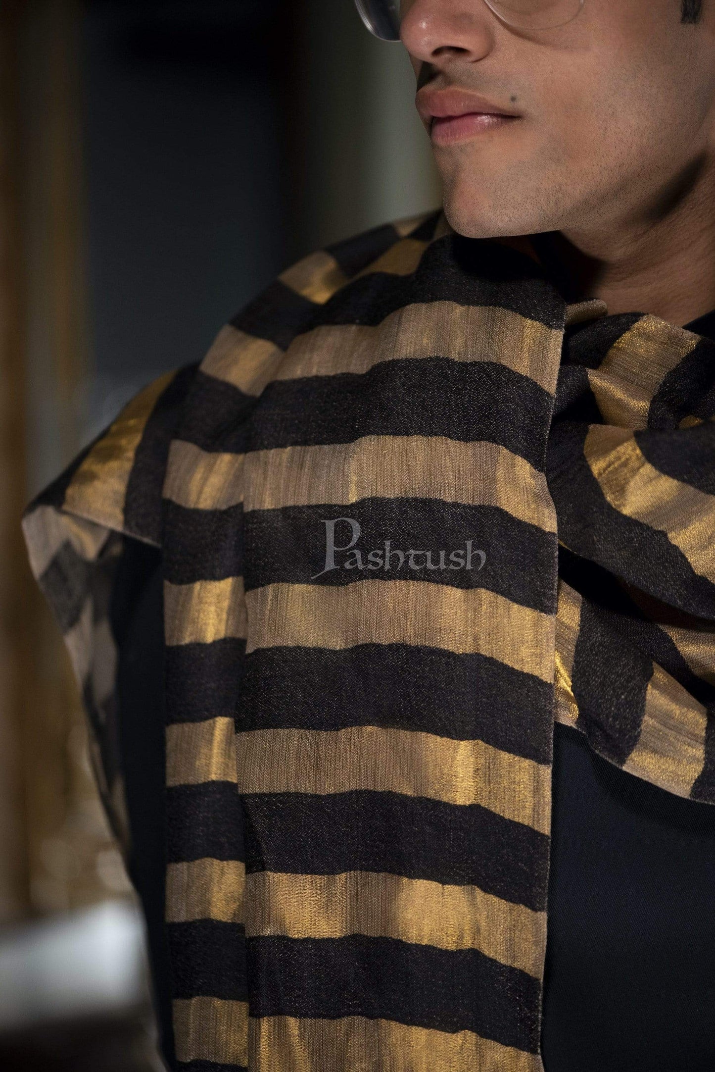 Pashtush India 70x200 Pashutsh Mens Twilight Striped Scarf, With Metallic Thread Weave