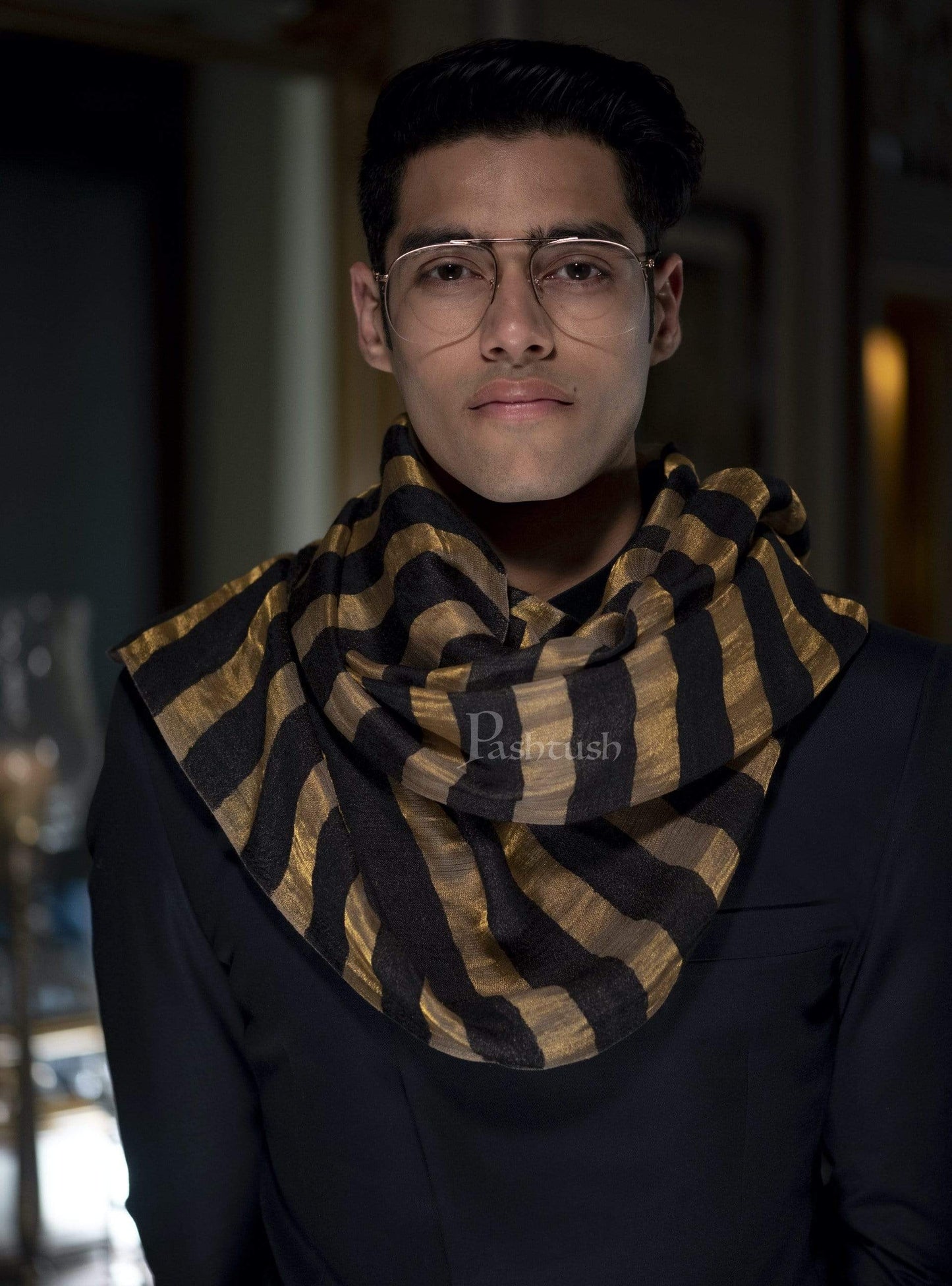 Pashtush India 70x200 Pashutsh Mens Twilight Striped Scarf, With Metallic Thread Weave
