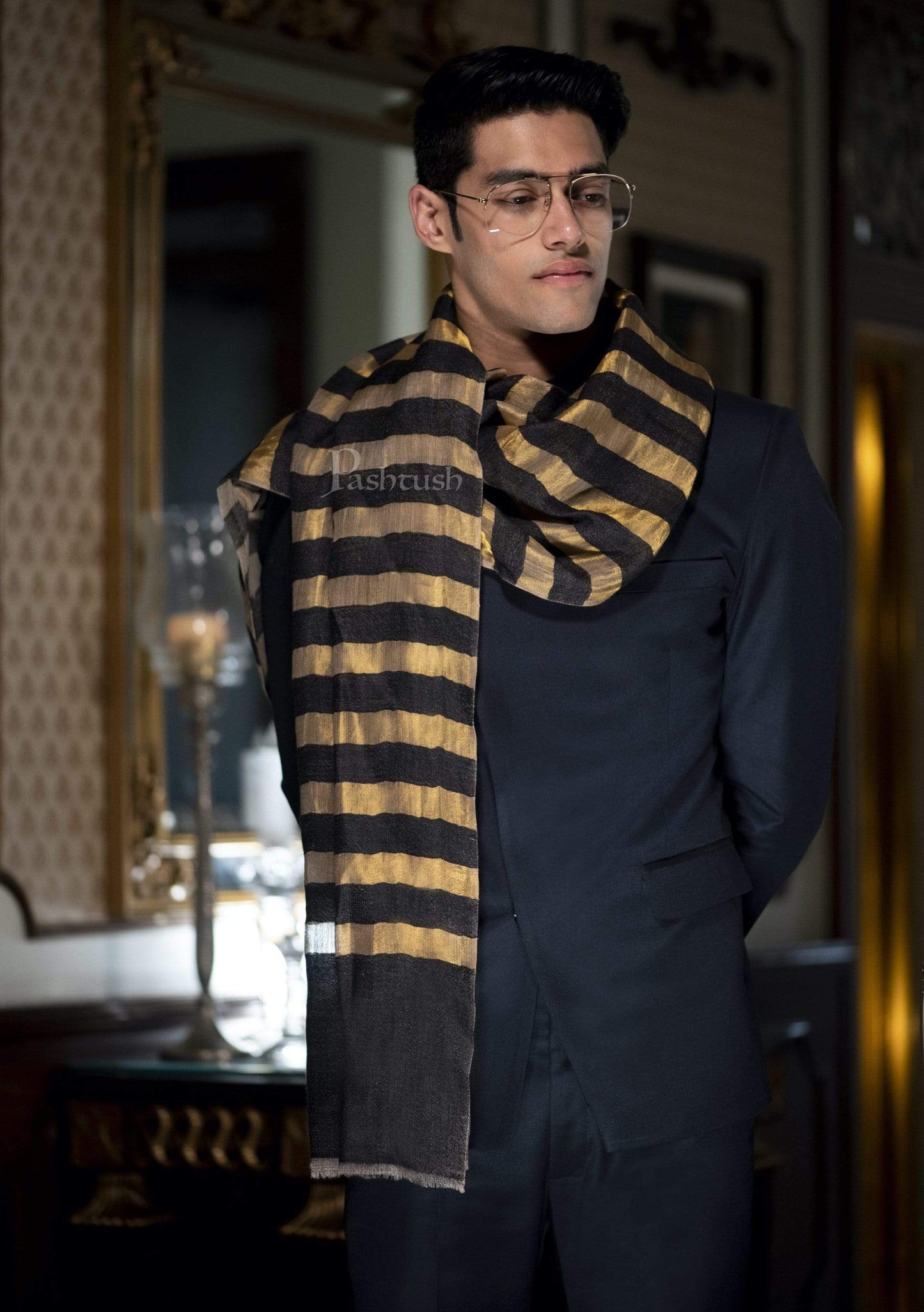 Pashtush India 70x200 Pashutsh Mens Twilight Striped Scarf, With Metallic Thread Weave
