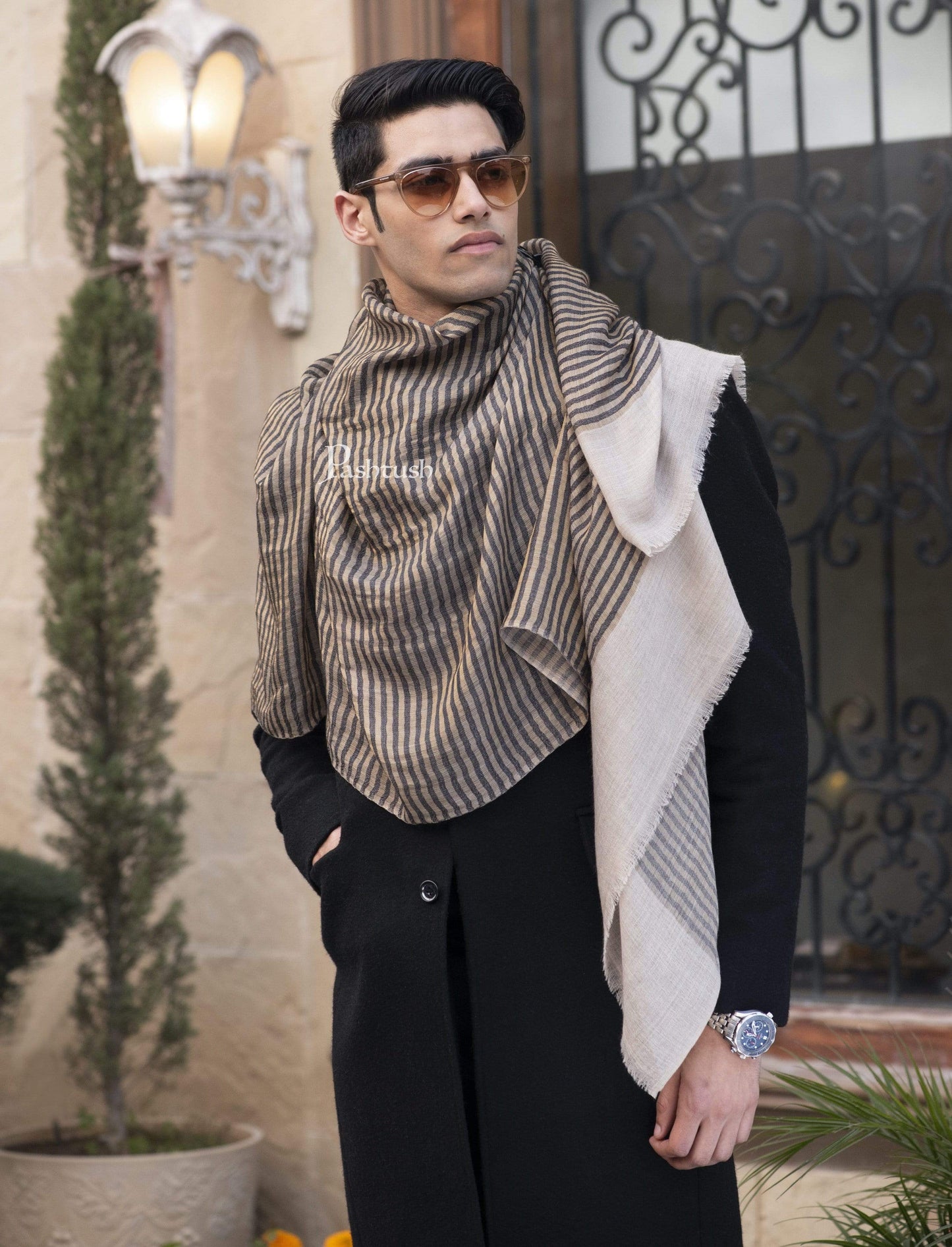 Pashtush India 70x200 Pashutsh Mens Twilight Striped Scarf, With Metallic Thread Weave