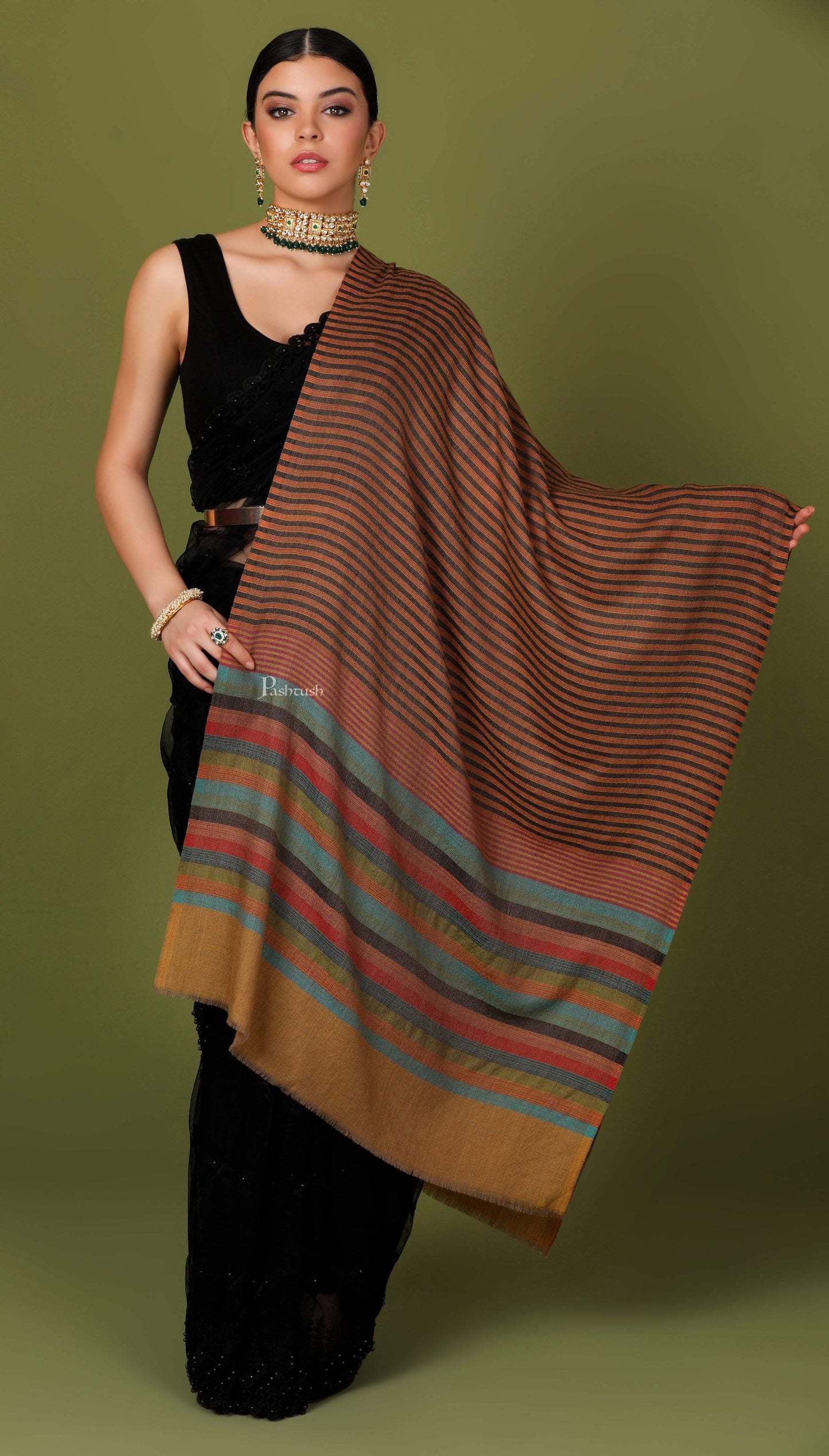 Pashtush Store Stole Pashutsh Womens Extra Fine Wool, Striped Woven Scarf, Multicolored