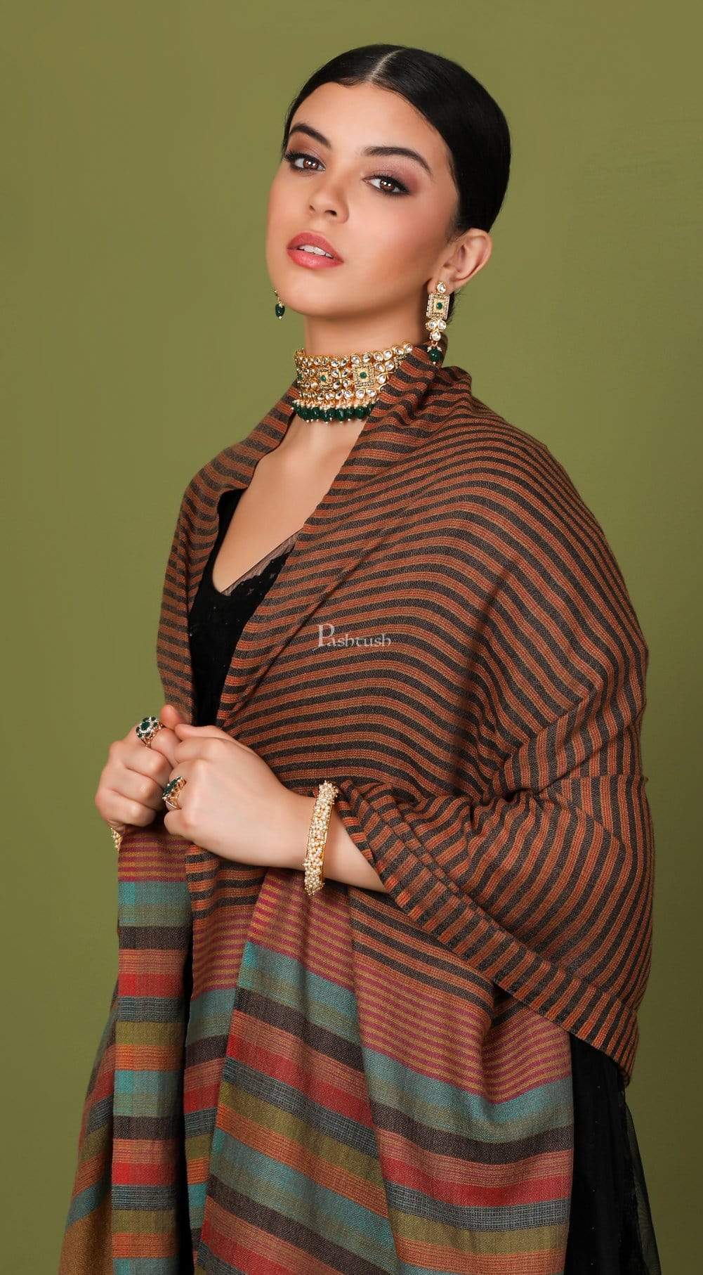Pashtush Store Stole Pashutsh Womens Extra Fine Wool, Striped Woven Scarf, Multicolored