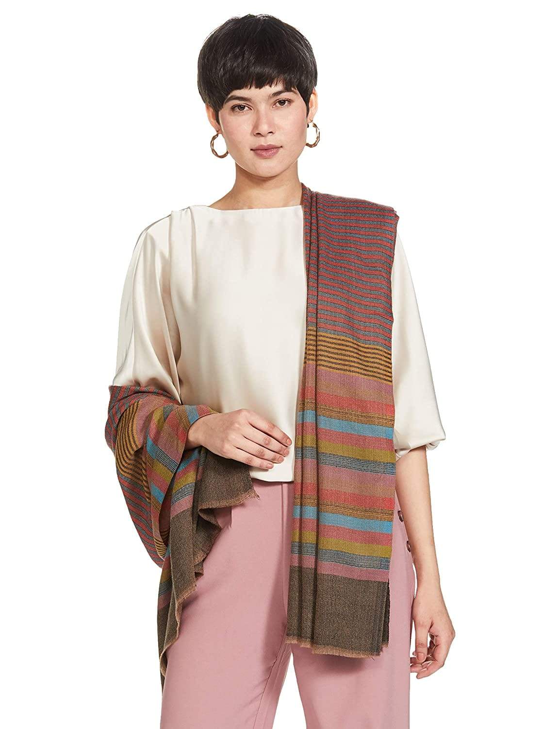 Pashtush India 70x200 Pashutsh Womens Extra Fine Wool, Striped Woven Scarf, Multicolored