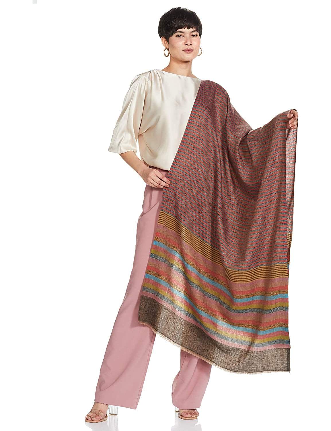 Pashtush India 70x200 Pashutsh Womens Extra Fine Wool, Striped Woven Scarf, Multicolored
