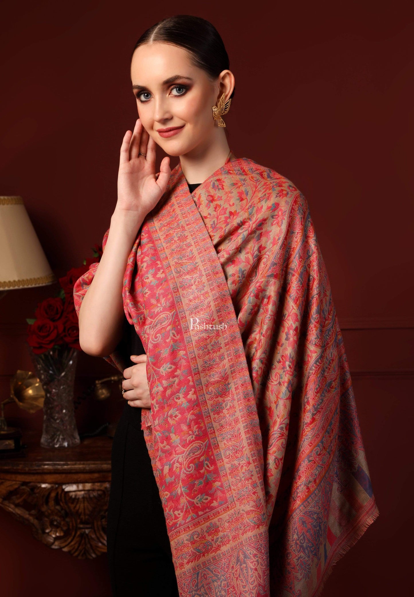 Pashtush India 100x200 Pashutsh Womens Faux Pashmina Pink and Beige Jamawar Shawl