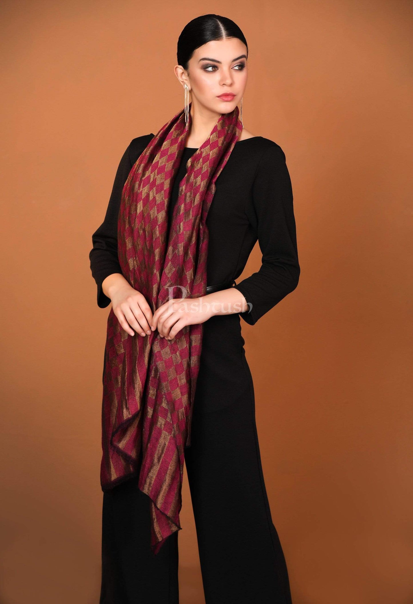 Pashtush Shawl Store Stole Pashutsh Womens Twilight Checkered Scarf, With Shimmery Zari Thread Weave