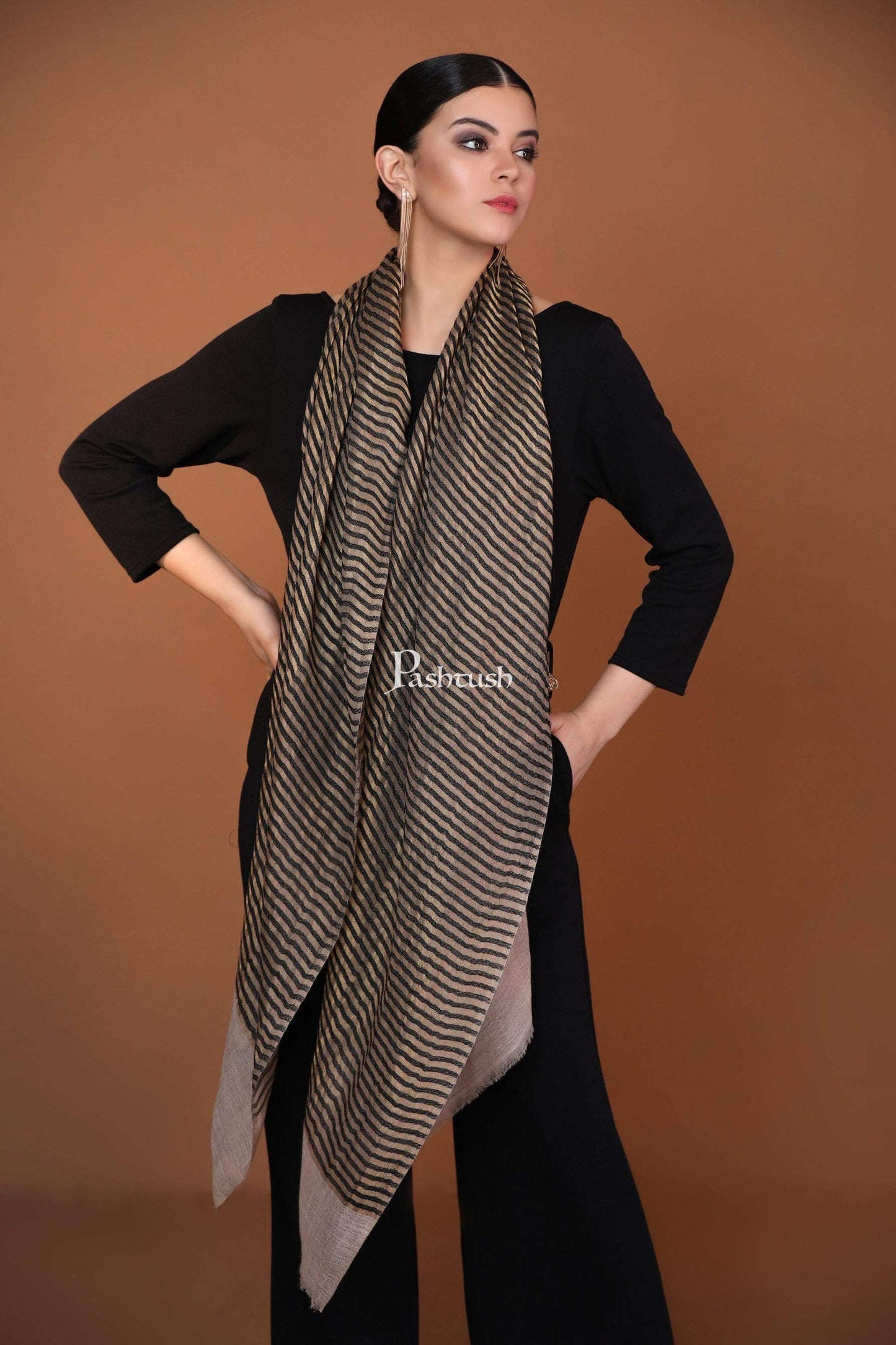 Pashtush Shawl Store Stole Pashutsh Womens Twilight Striped Scarf, With Shimmery Zari Thread Weave