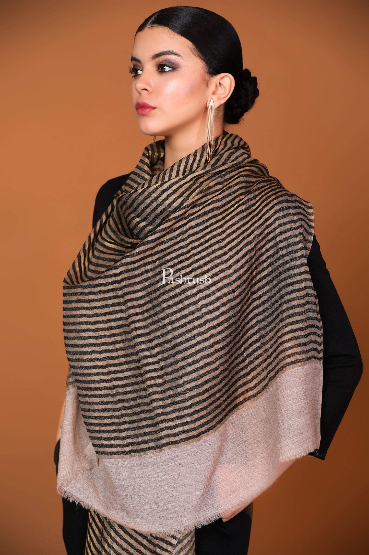 Pashtush Shawl Store Stole Pashutsh Womens Twilight Striped Scarf, With Shimmery Zari Thread Weave