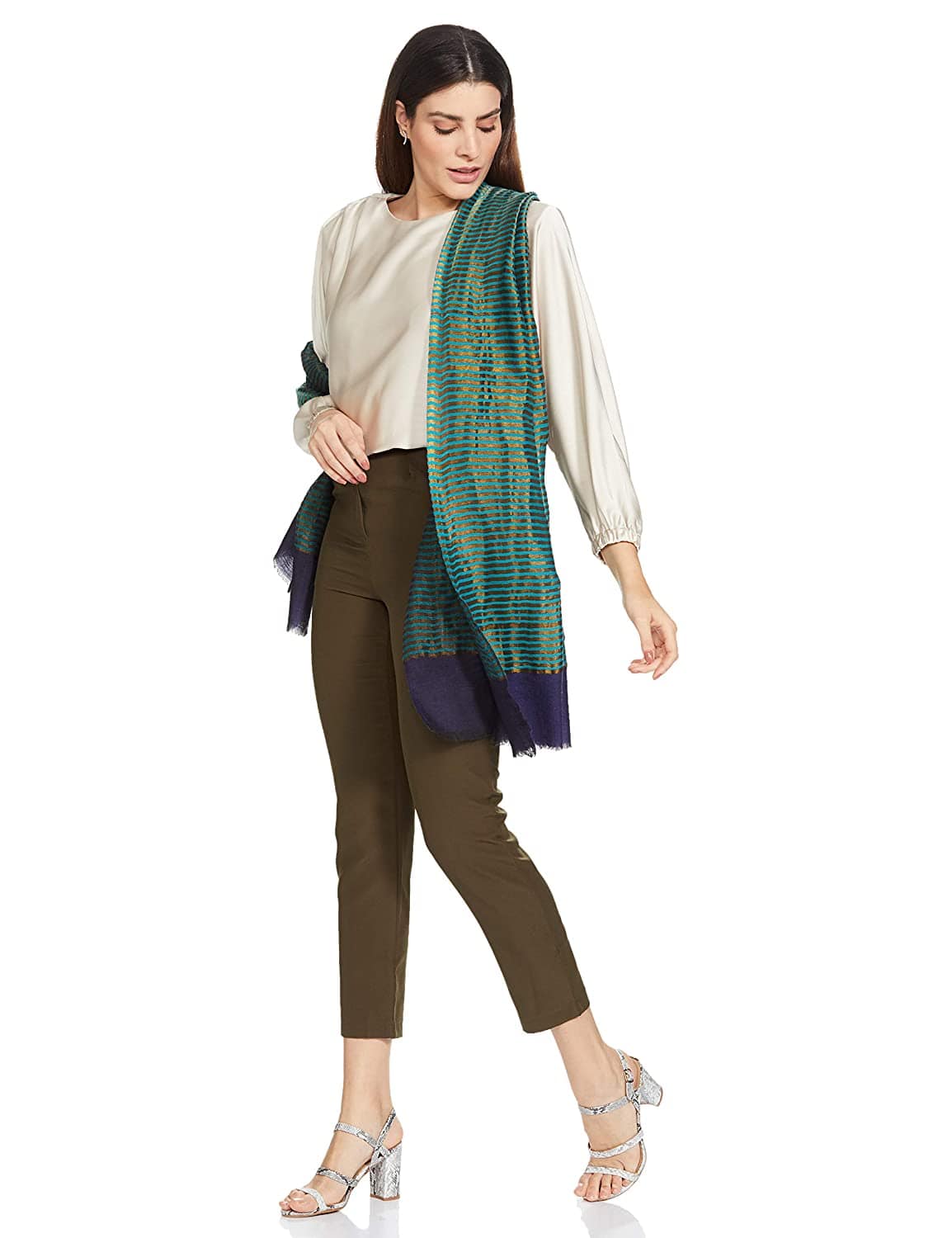 Pashtush India 70x200 Pashutsh Womens Twilight Striped Scarf, With Shimmery Zari Thread Weave
