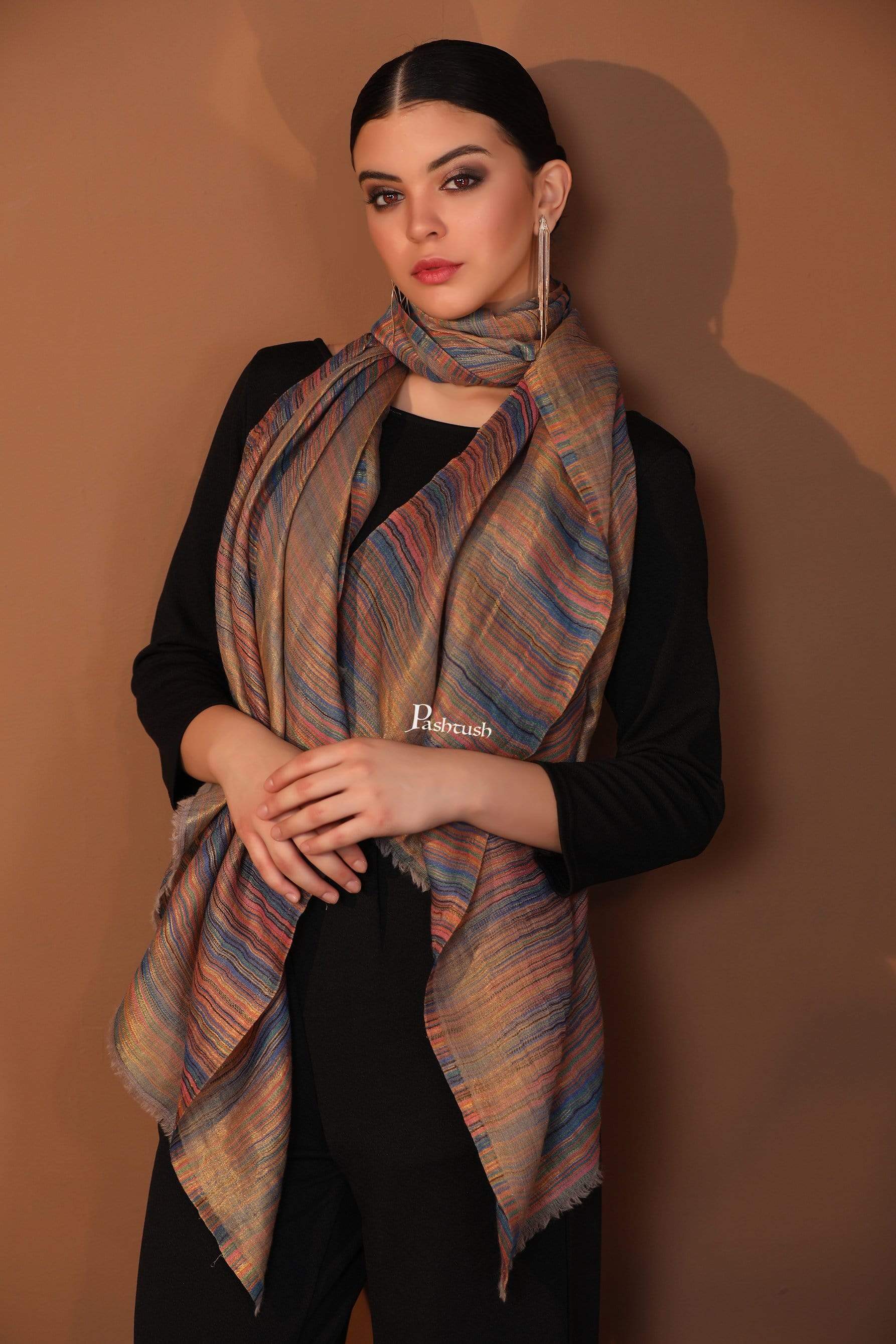 Pashtush India 70x200 Pashutsh Womens Twilight Striped Scarf, With Shimmery Zari Thread Weave