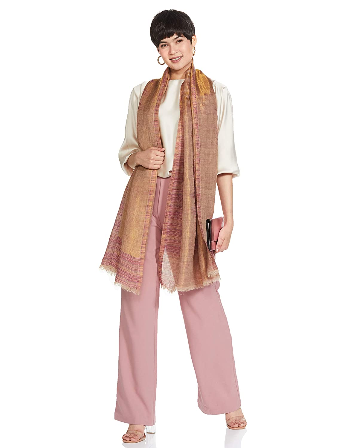 Pashtush India 70x200 Pashutsh Womens Twilight Striped Scarf, With Shimmery Zari Thread Weave, Reversible Pink
