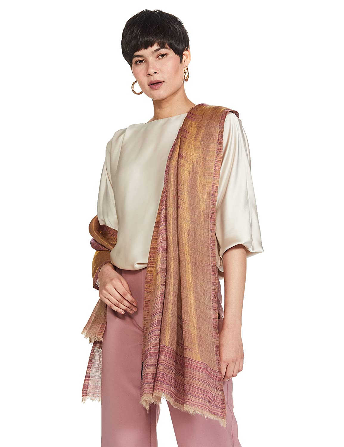 Pashtush India 70x200 Pashutsh Womens Twilight Striped Scarf, With Shimmery Zari Thread Weave, Reversible Pink