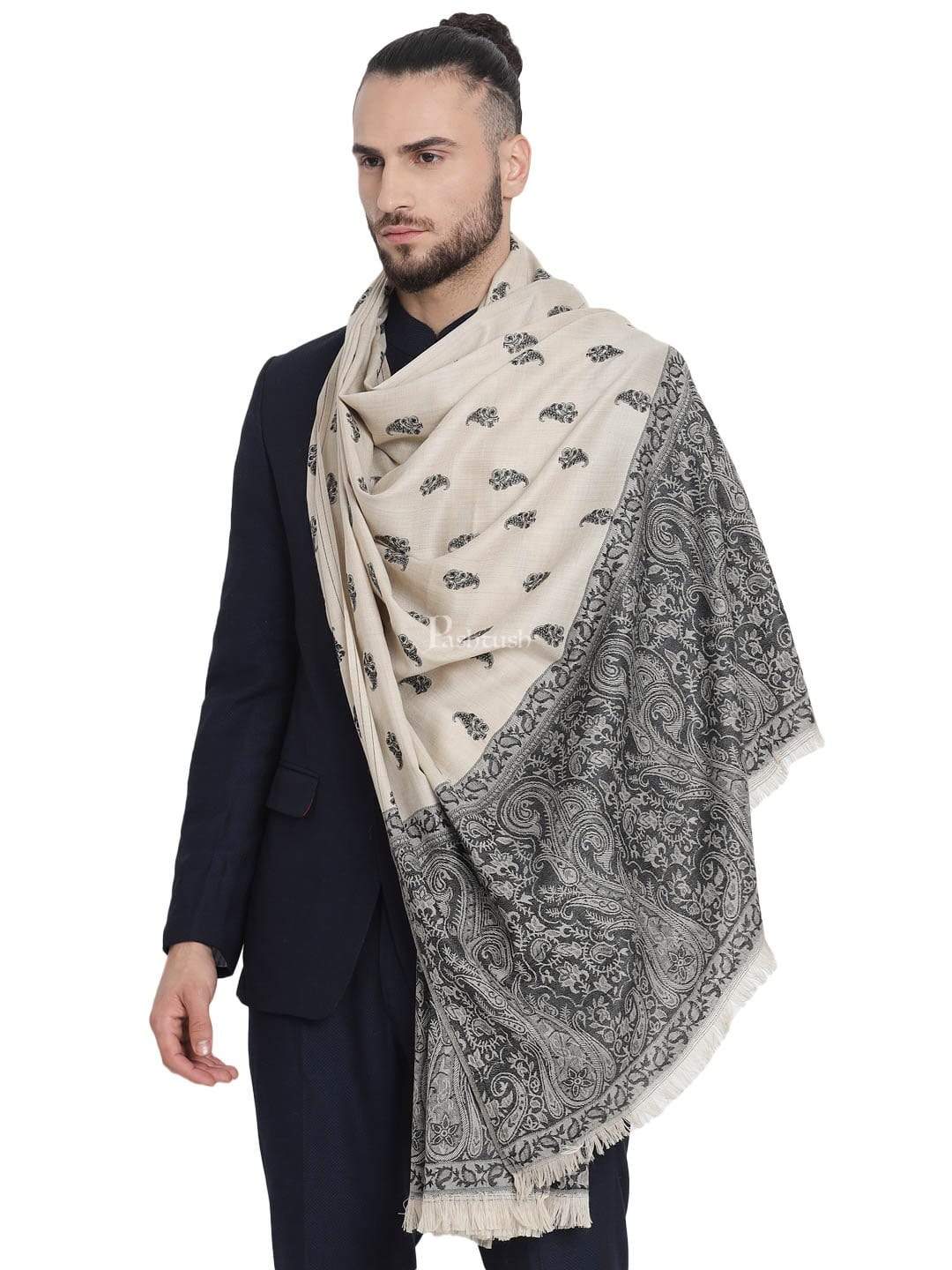 Pashwool 100x200 Pashwool Mens Embroidered Stole, Kashmiri Stitch, With Woven Jamawar Palla