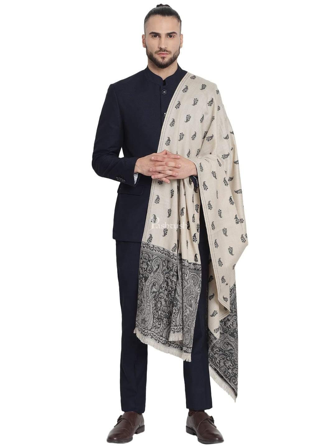 Pashwool 100x200 Pashwool Mens Embroidered Stole, Kashmiri Stitch, With Woven Jamawar Palla