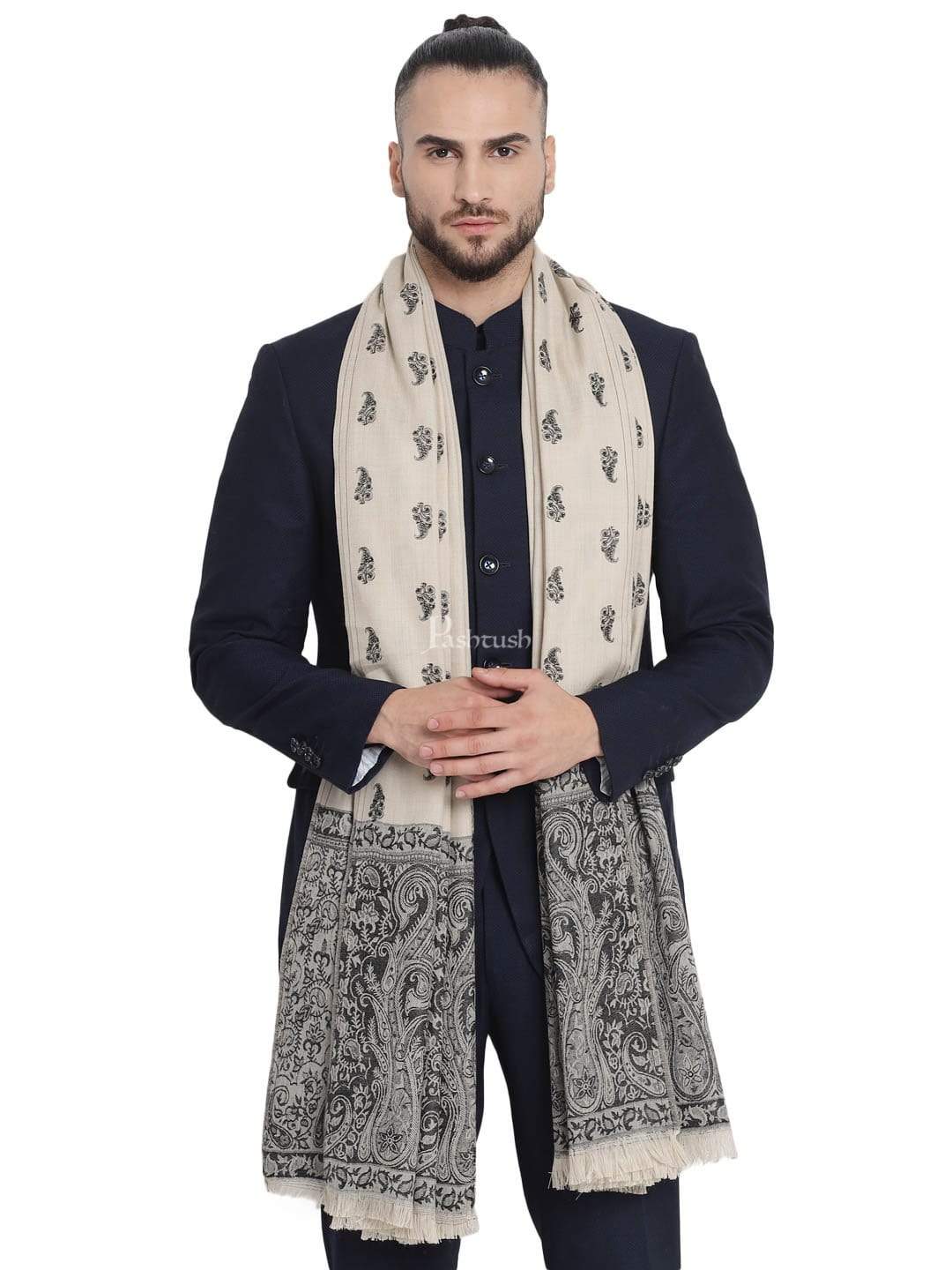 Pashwool 100x200 Pashwool Mens Embroidered Stole, Kashmiri Stitch, With Woven Jamawar Palla