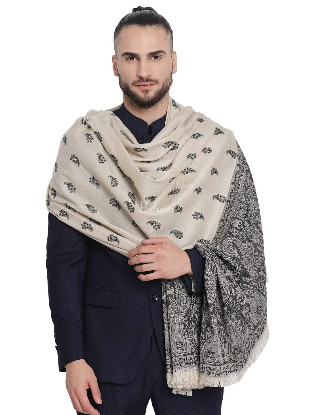 Pashwool 100x200 Pashwool Mens Embroidered Stole, Kashmiri Stitch, With Woven Jamawar Palla