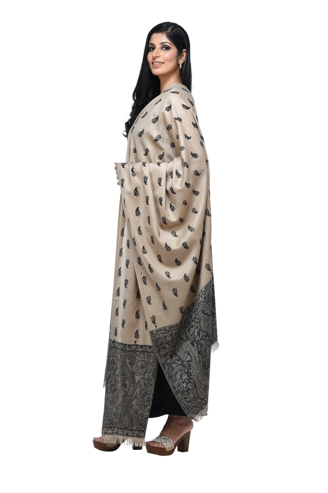 Pashwool 100x200 Pashwool Womens Embroidered Shawl, Kashmiri Stitch, With Woven Jamawar Palla