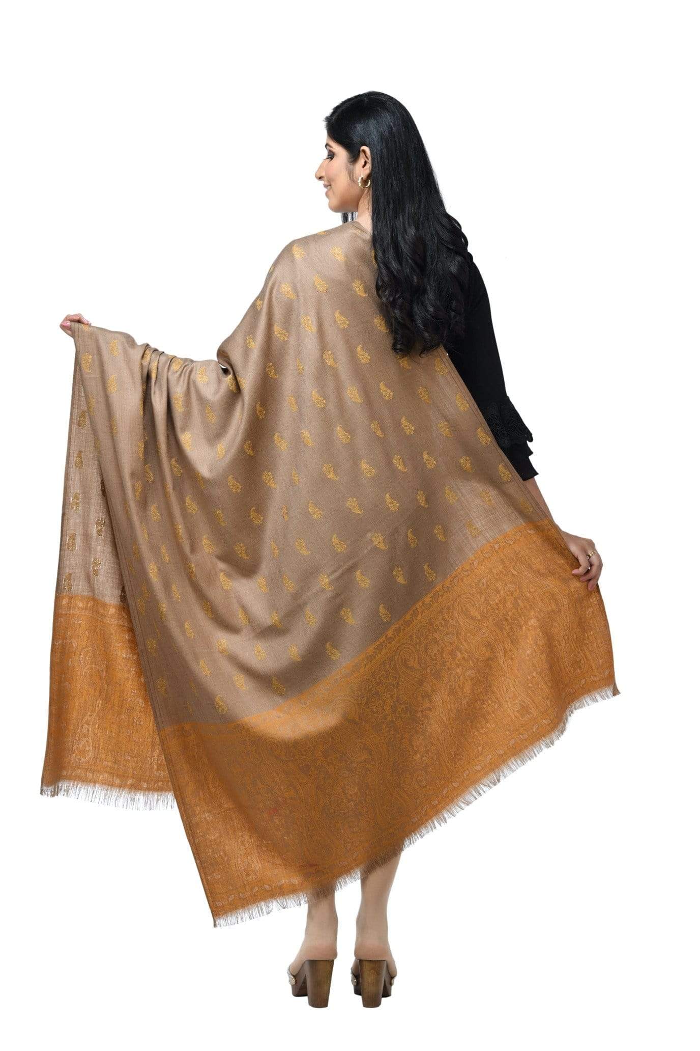 Pashwool 100x200 Pashwool Womens Embroidered Shawl, Kashmiri Stitch, With Woven Jamawar Palla