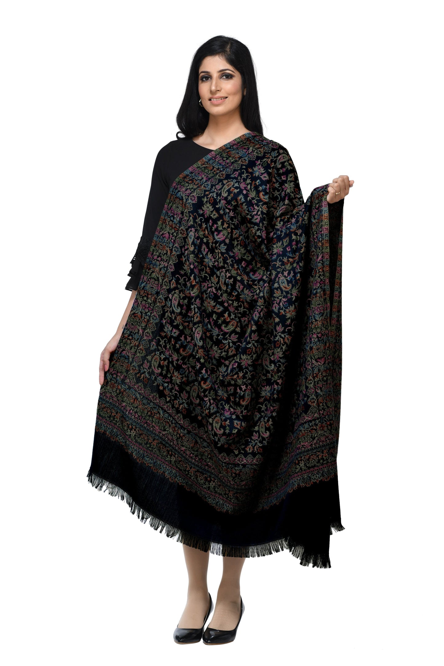 Pashwool Womens Shawls Pashwool Womens Ethnic Design Shawl, Light Weight, Soft And Warm, Black