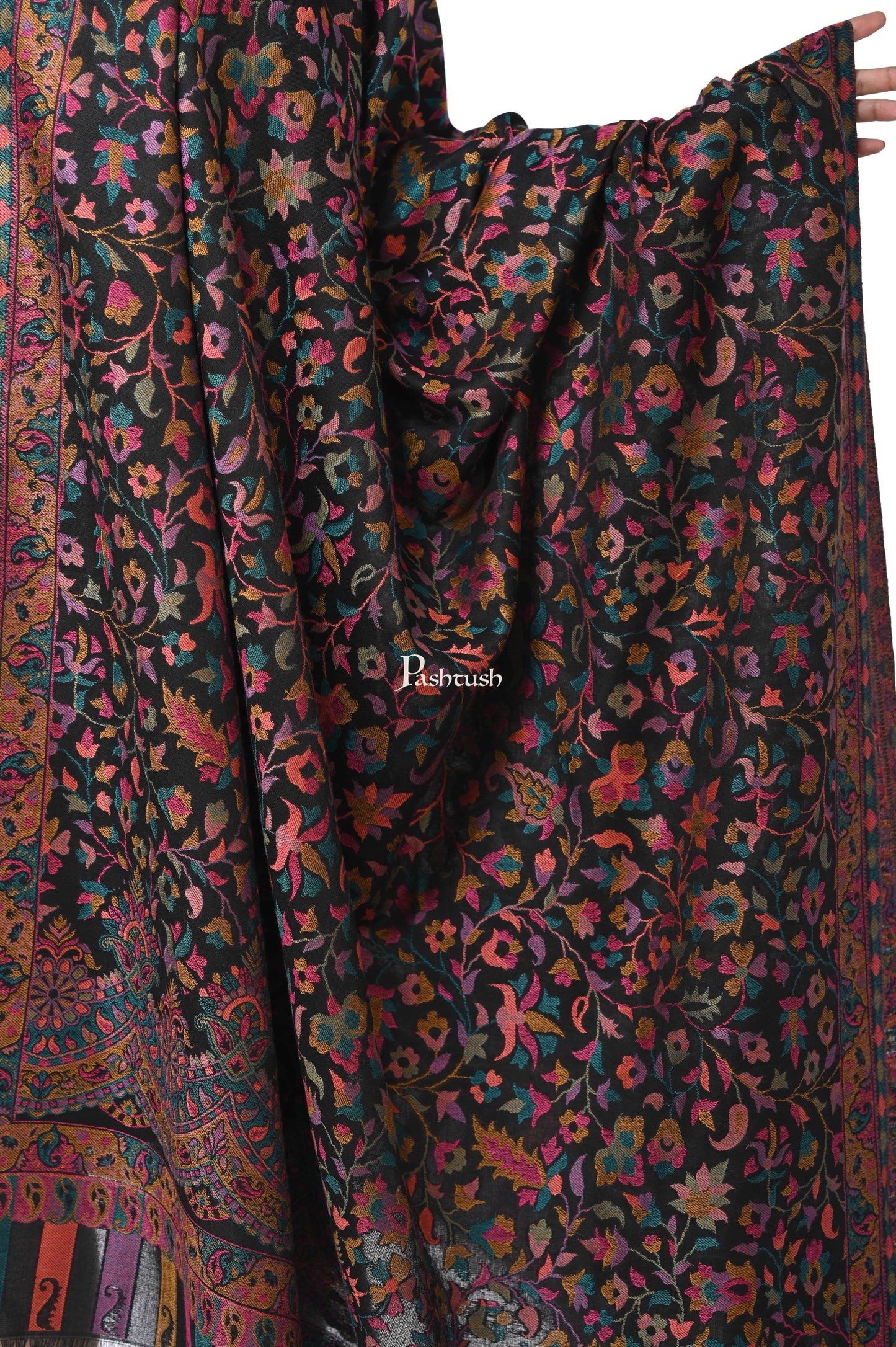 Pashwool Womens Shawls Pashwool Womens Ethnic Design Shawl, Light Weight, Soft And Warm, Black