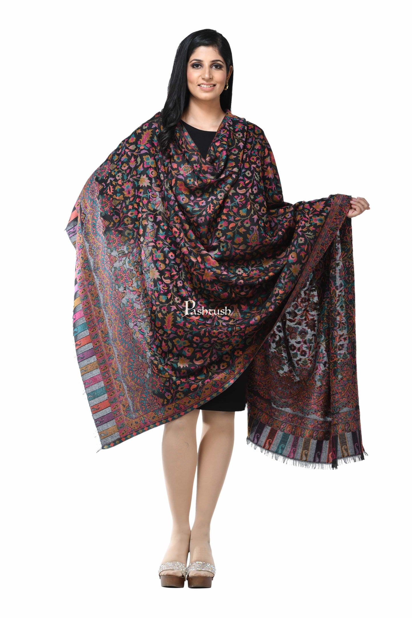 Pashwool Womens Shawls Pashwool Womens Ethnic Design Shawl, Light Weight, Soft And Warm, Black