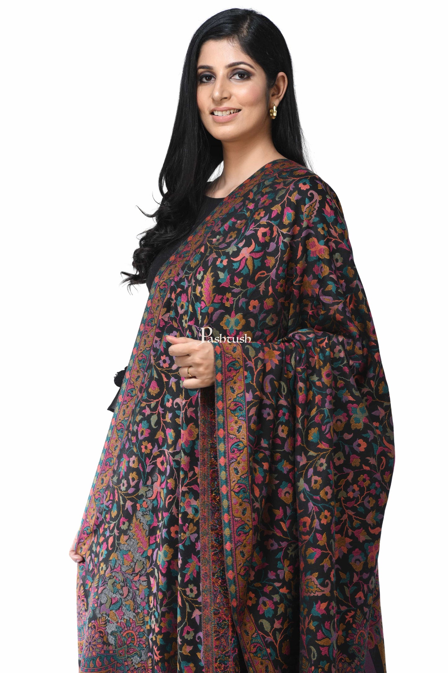 Pashwool Womens Shawls Pashwool Womens Ethnic Design Shawl, Light Weight, Soft And Warm, Black