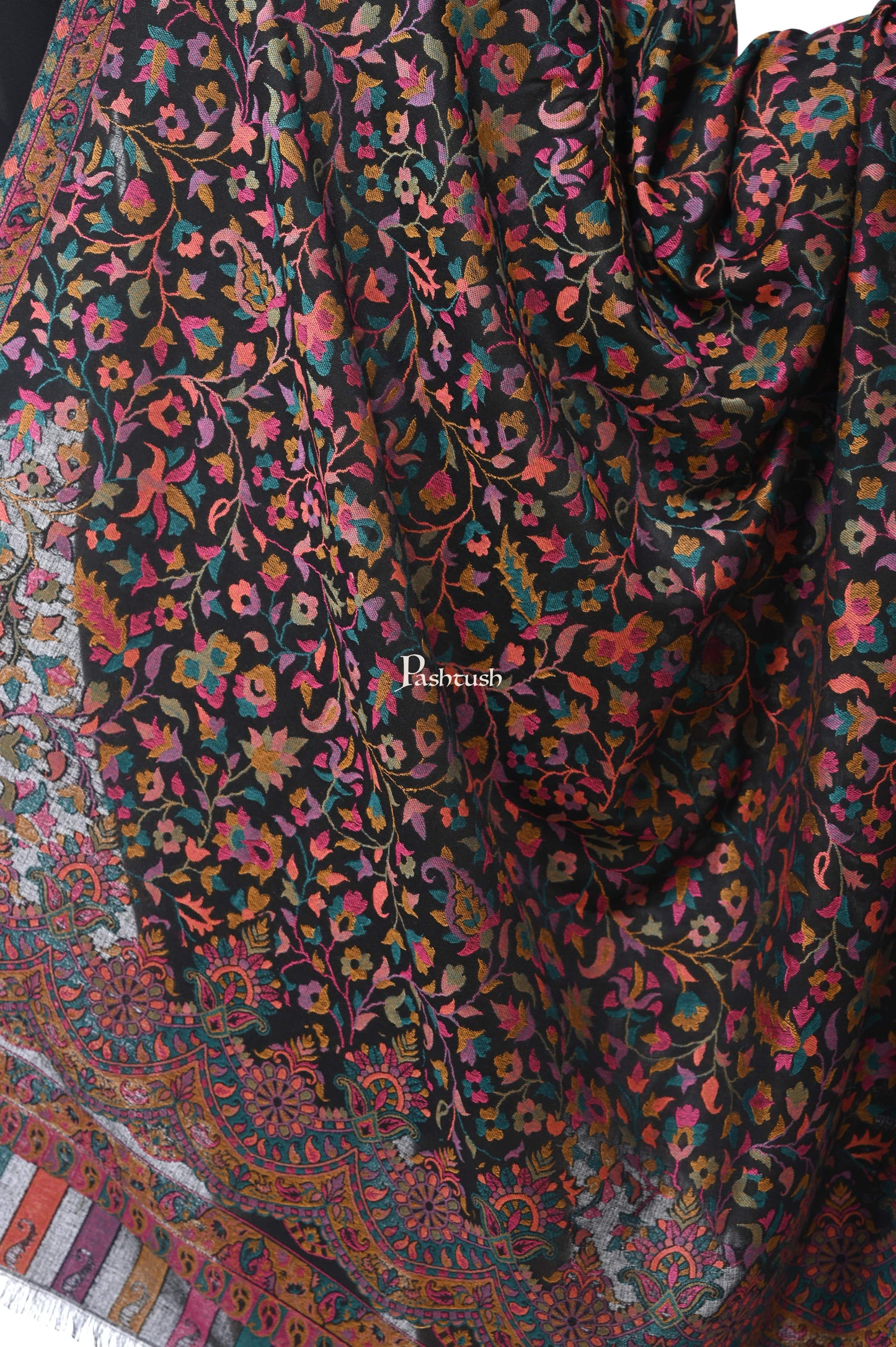 Pashwool Womens Shawls Pashwool Womens Ethnic Design Shawl, Light Weight, Soft And Warm, Black