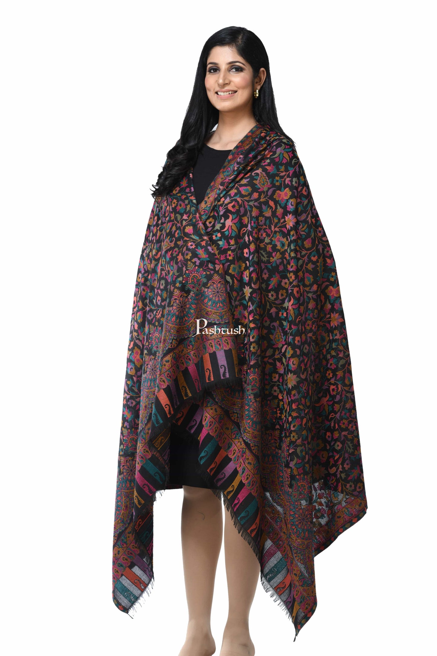 Pashwool Womens Shawls Pashwool Womens Ethnic Design Shawl, Light Weight, Soft And Warm, Black