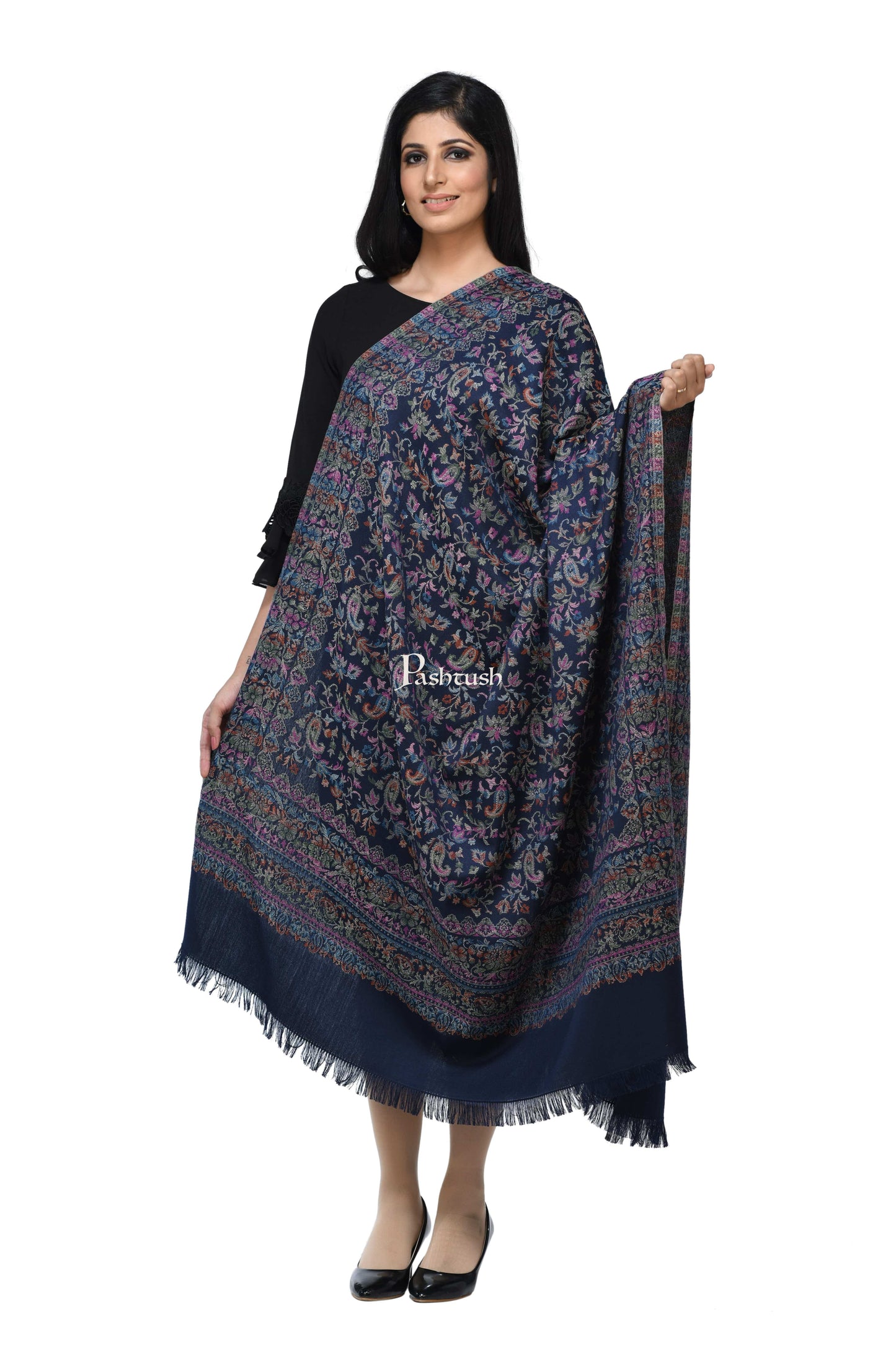 Pashwool Womens Shawls Pashwool Womens Ethnic Design Shawl, Light Weight, Soft And Warm Navy Blue