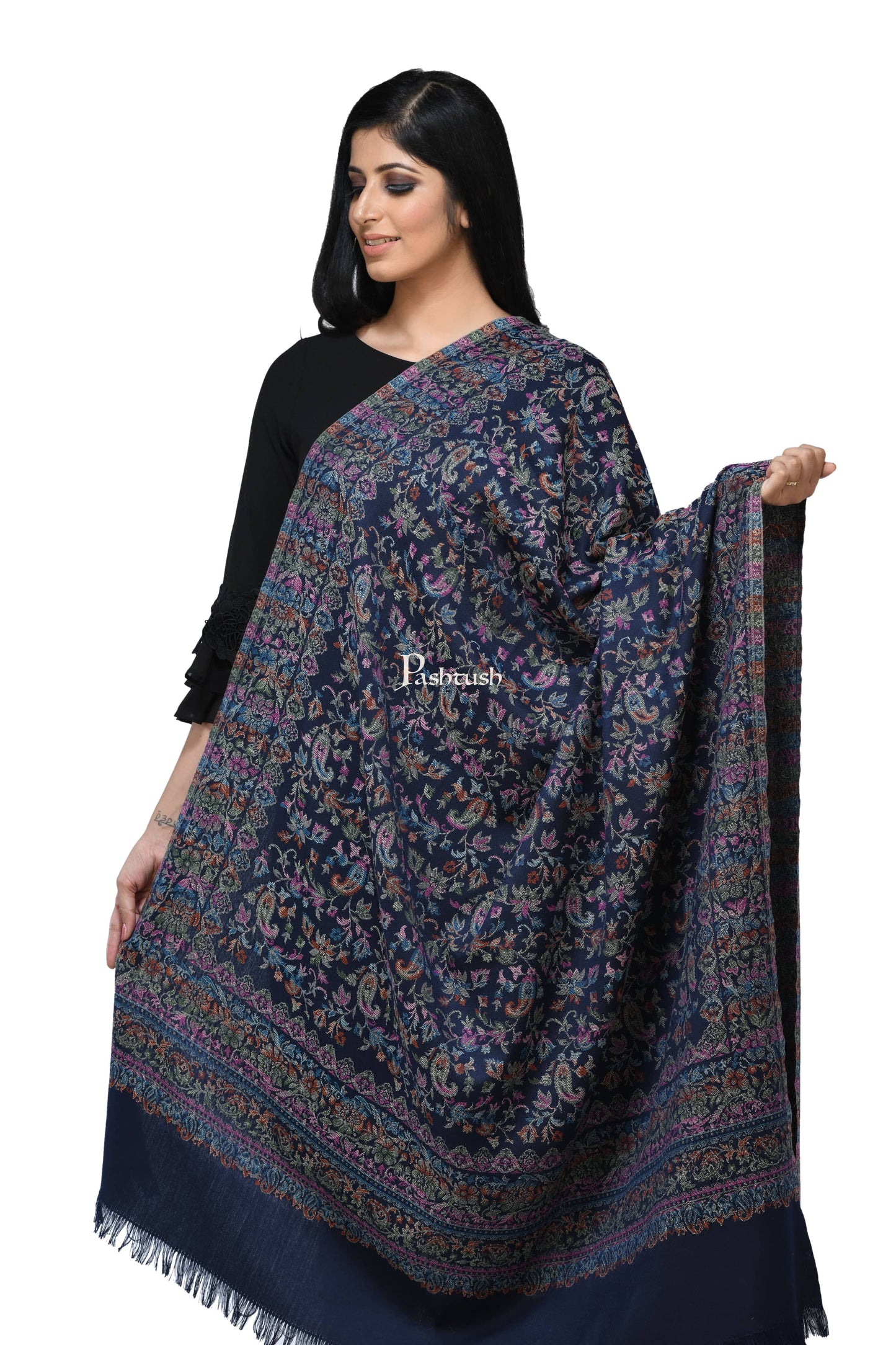 Pashwool Womens Shawls Pashwool Womens Ethnic Design Shawl, Light Weight, Soft And Warm Navy Blue