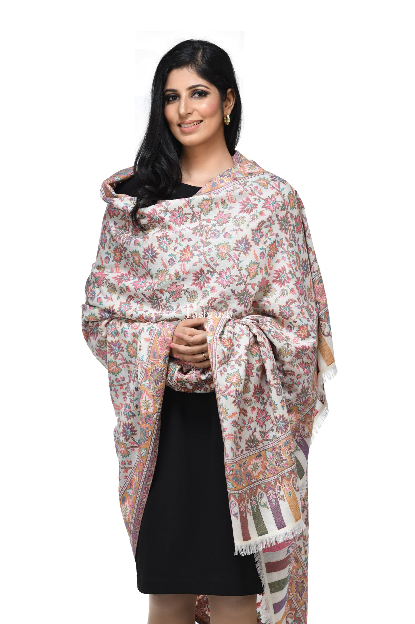 Pashwool Womens Shawls Pashwool Womens Ethnic Design Shawl, Light Weight, Soft And Warm, White
