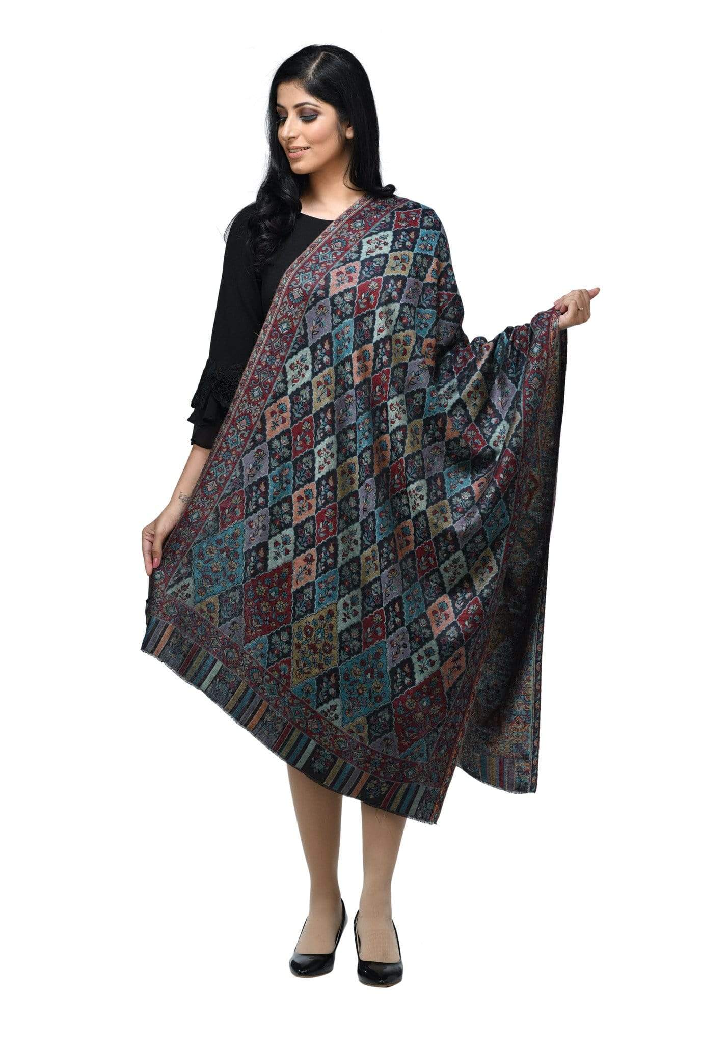 Pashwool 70x200 Pashwool Womens Extra Soft Bamboo Scarf, Woven Ethnic Design, Black